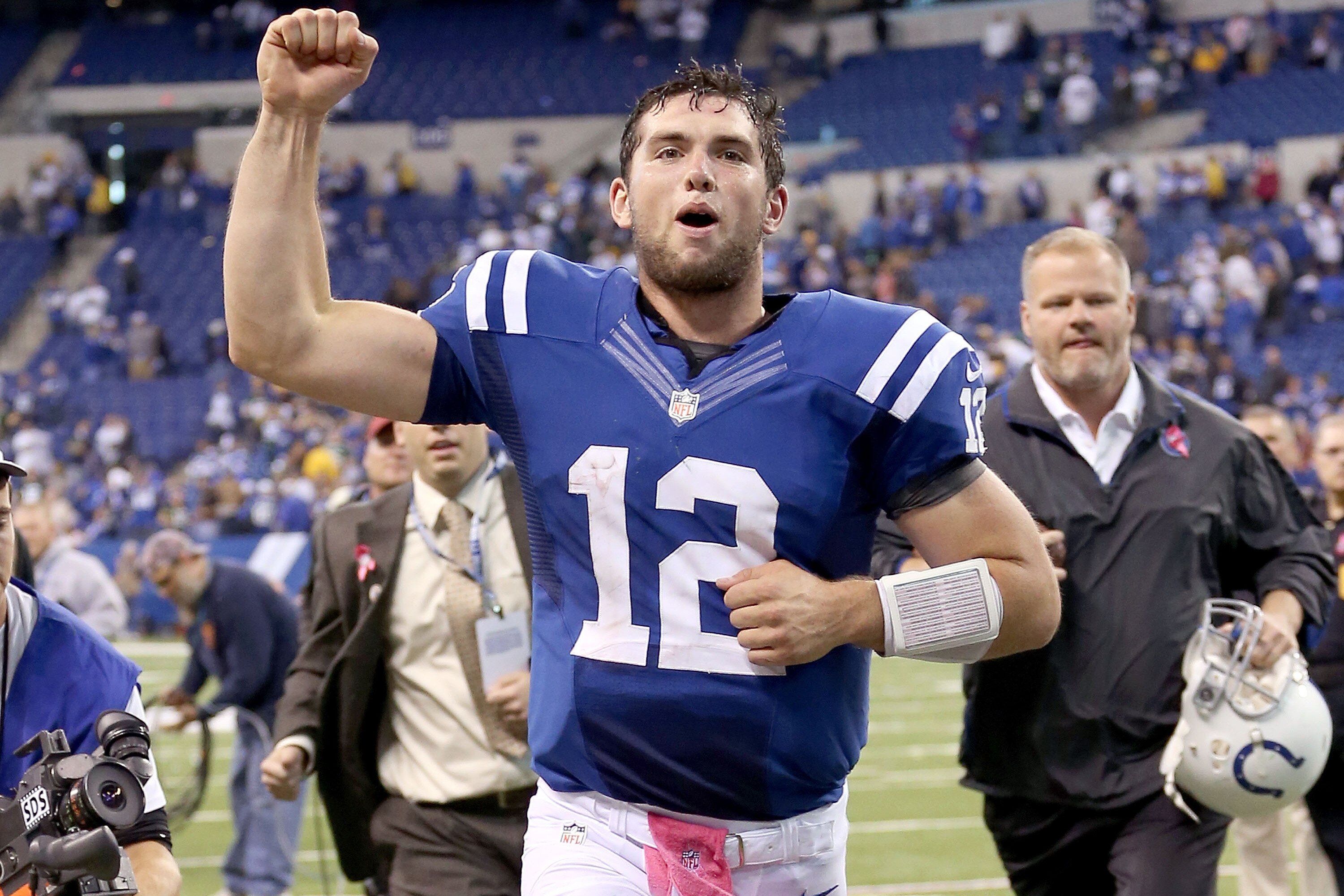 Colts QB Andrew Luck celebrates the biggest win of his young career.
