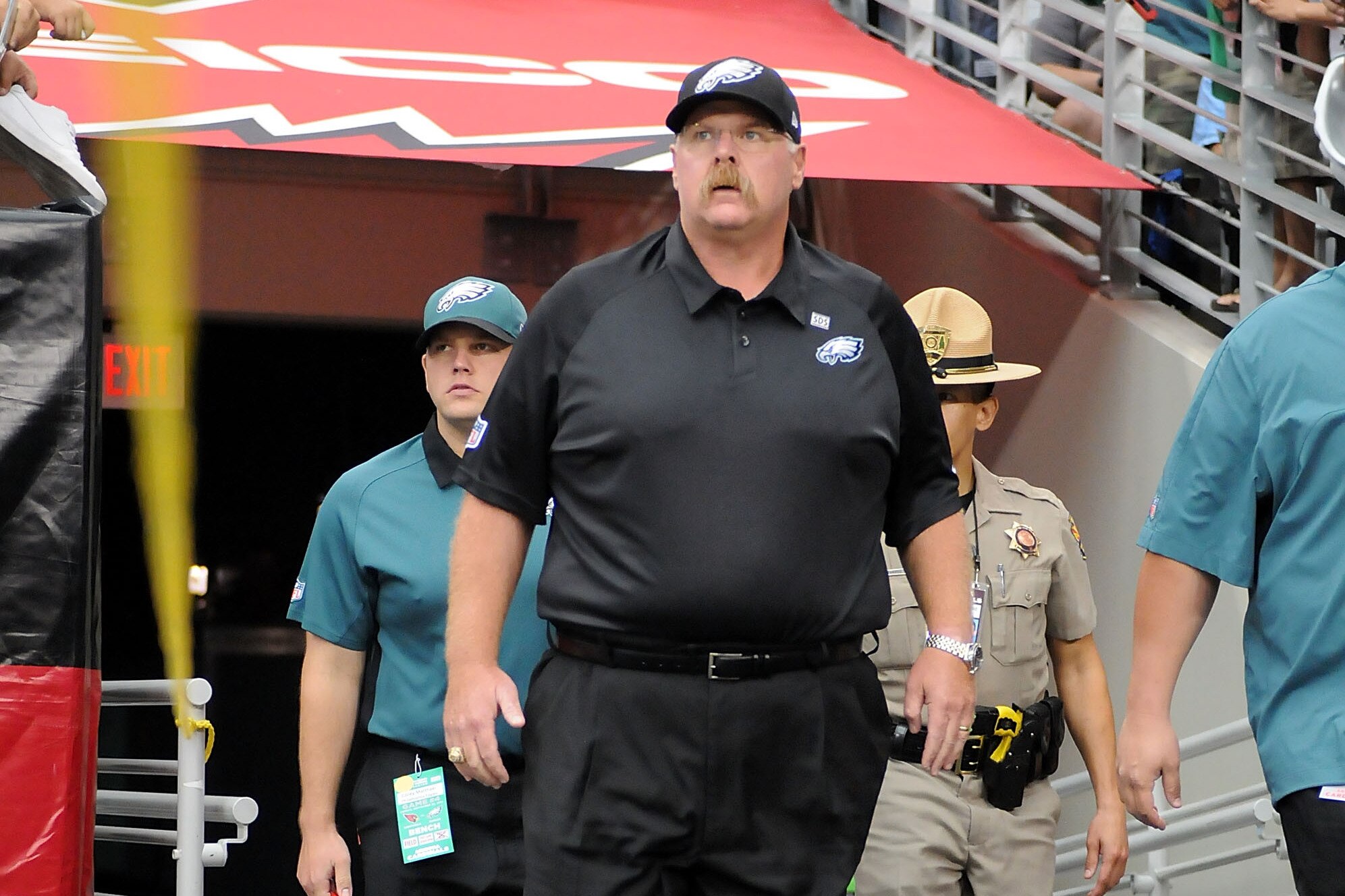 GLENDALE, AZ - SEPTEMBER 23: Head Coach Andy Reid of the Philadelphia Eagles walks out to the field during pregame against the Arizona Cardinals at University of Phoenix Stadium on September 23, 2012 in Glendale, Arizona. (Photo by Norm Hall/Getty Images)