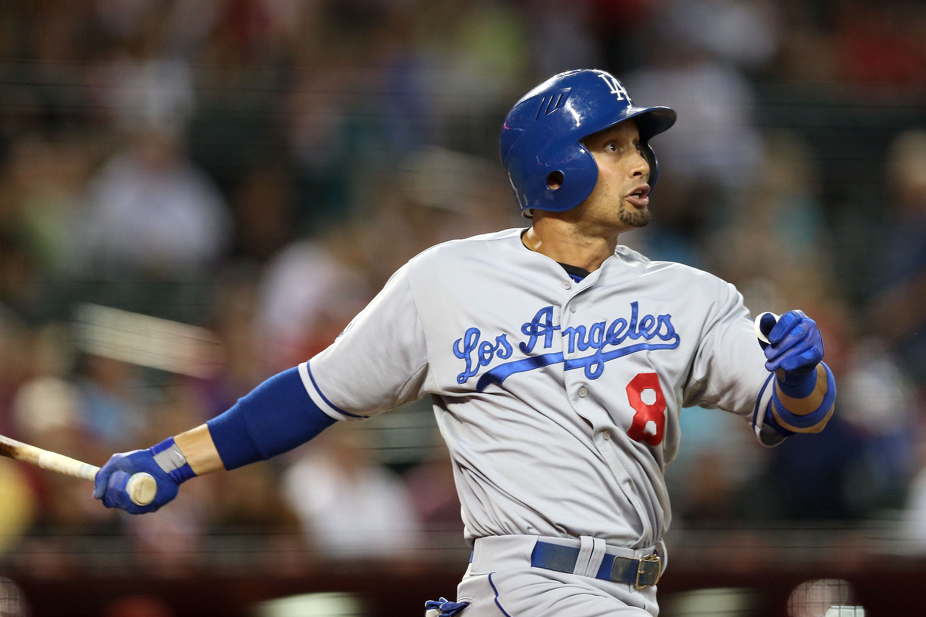 PHOENIX, AZ - SEPTEMBER 12: Shane Victorino #8 of the Los Angeles Dodgers bats against the Arizona Diamondbacks during the MLB game at Chase Field on September 12, 2012 in Phoenix, Arizona. The Diamondbacks defeated the Dodgers 3-2. (Photo by Christian Petersen/Getty Images)