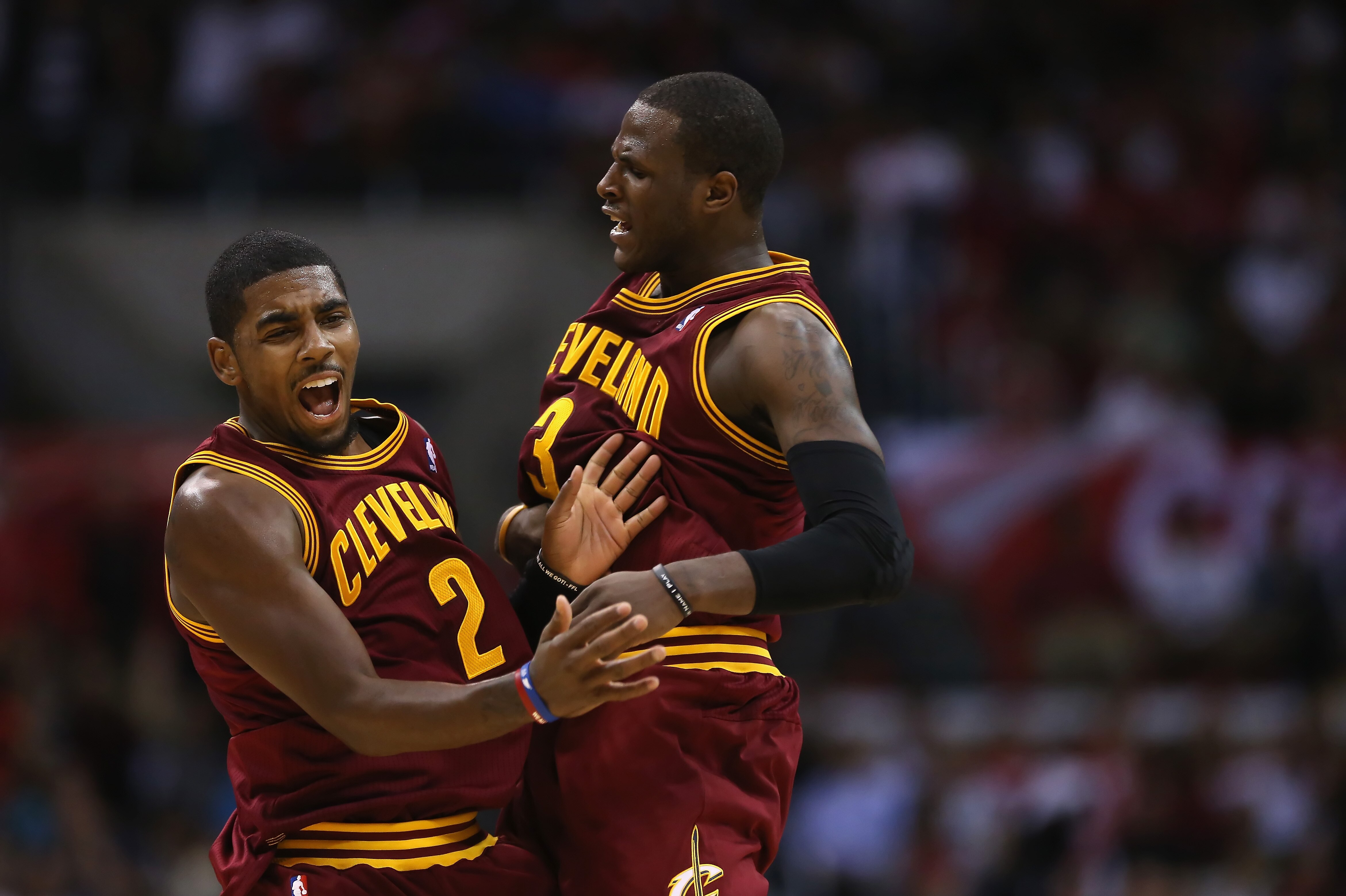 LOS ANGELES, CA - NOVEMBER 05: Kyrie Irving (L)#2 and Dion Waiters #3 of the Cleveland Cavaliers celebrate Irving's three point shot in the closing seconds of the fourth quarter against the Los Angeles Clippers at Staples Center on November 5, 2012 in Los Angeles, California. The Cavaliers defeated the Clippers 108-101. NOTE TO USER: User expressly acknowledges and agrees that, by downloading and or using this photograph, User is consenting to the terms and conditions of the Getty Images License Agreement. (Photo by Jeff Gross/Getty Images)