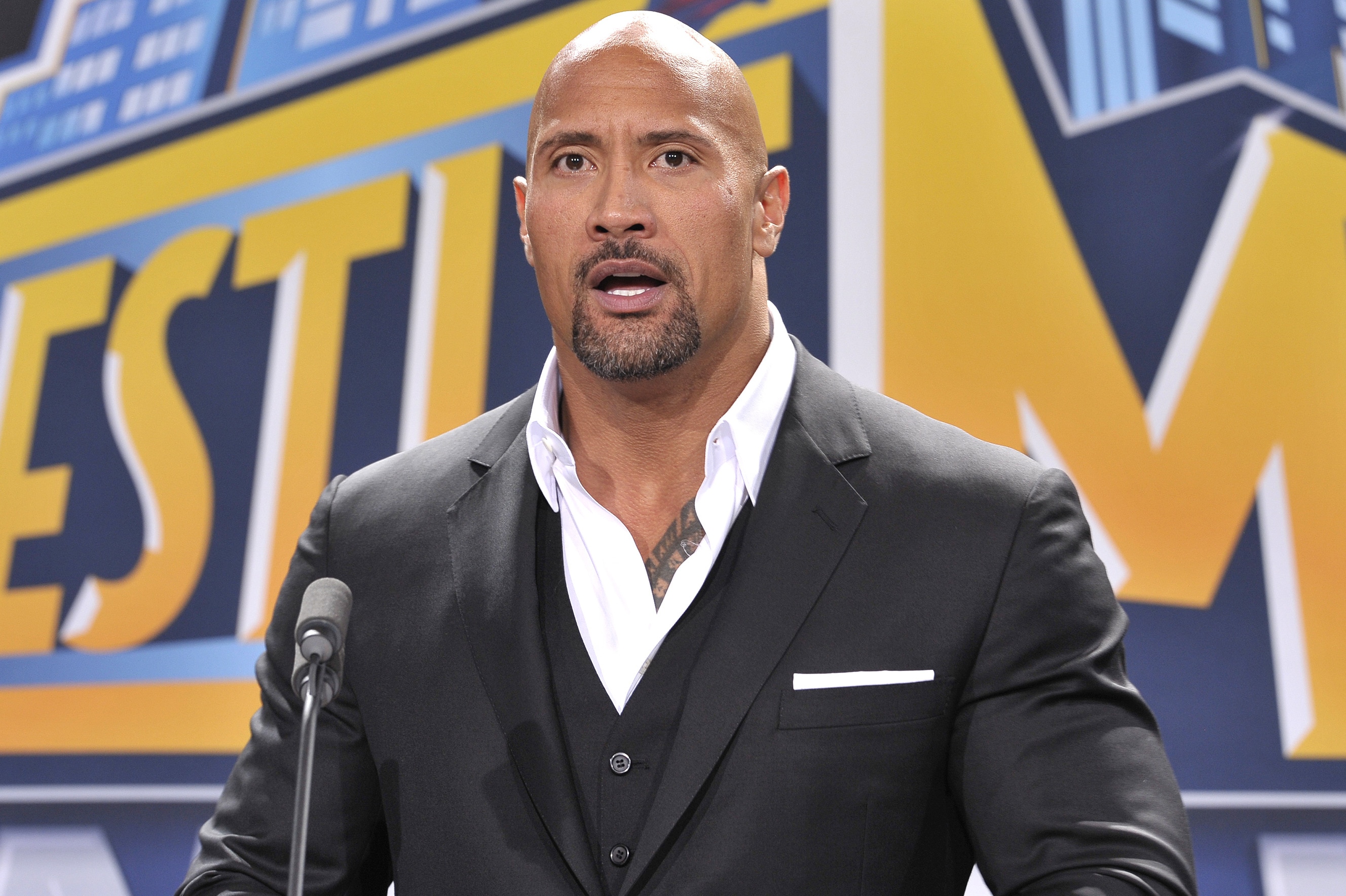 EAST RUTHERFORD, NJ - FEBRUARY 16: Dwayne 'The Rock' Johnson attends a press conference to announce that MetLife Stadium will host WWE Wrestlemania 29 in 2013 at MetLife Stadium on February 16, 2012 in East Rutherford, New Jersey. (Photo by Michael N. Todaro/Getty Images)