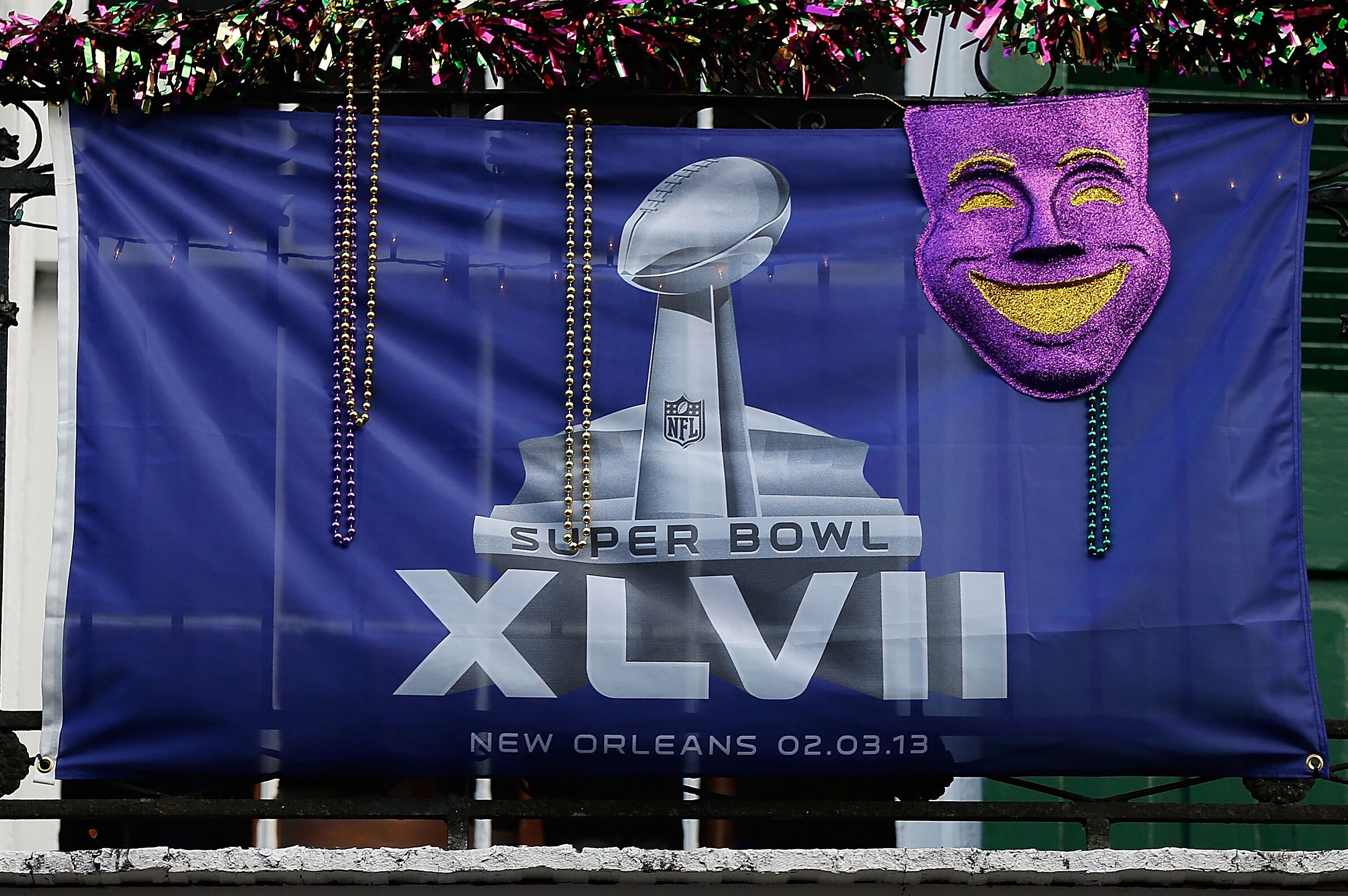 NEW ORLEANS, LA - JANUARY 29: A Super Bolw flag is seen on Bourbon Street prior to the start of Super Bowl XLVII at Mercedes-Benz Superdome on January 29, 2013 in New Orleans, Louisiana. (Photo by Scott Halleran/Getty Images)