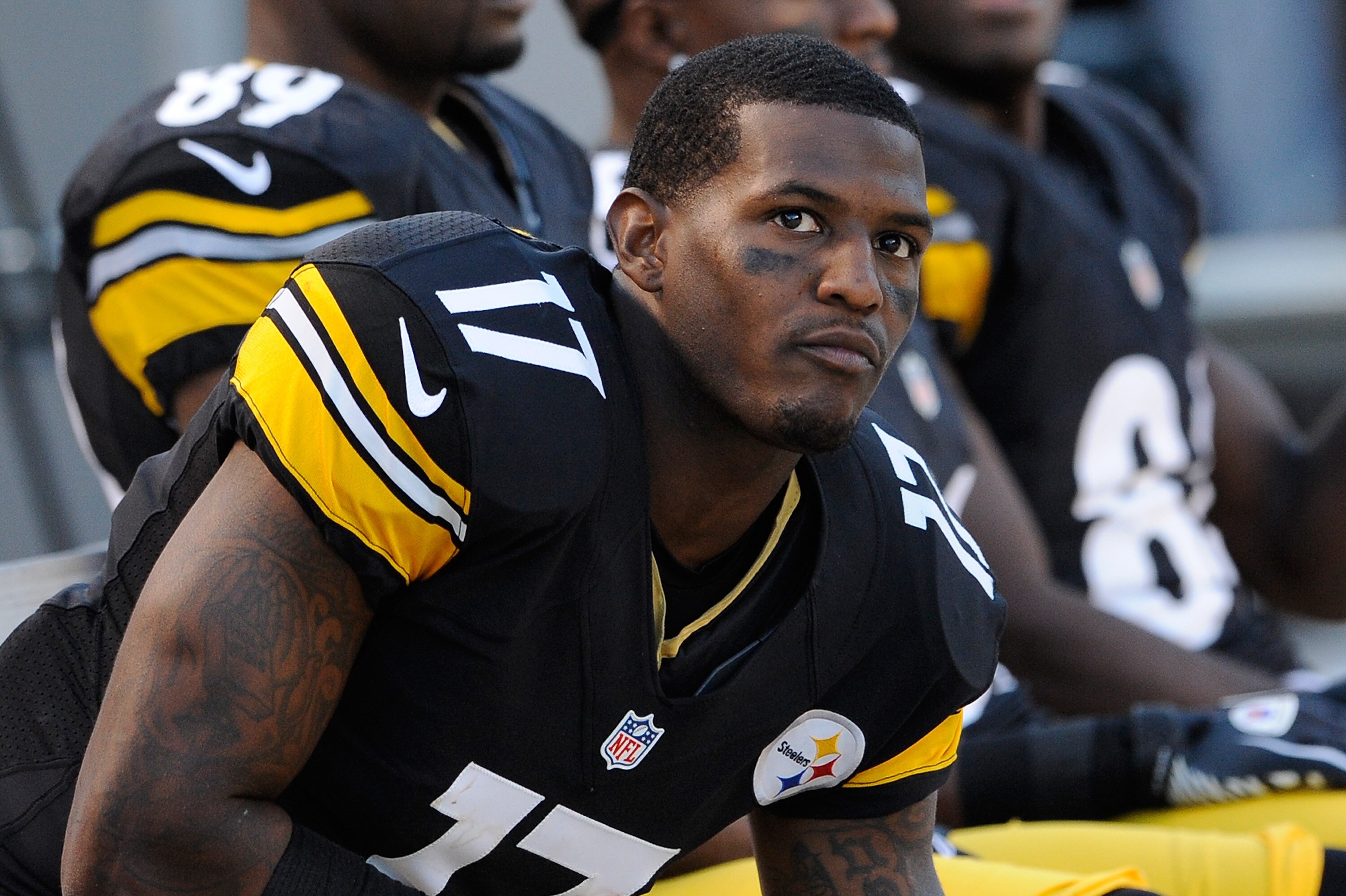 PITTSBURGH, PA - SEPTEMBER 16: Mike Wallace #17 of the Pittsburgh Steelers looks on from the sideline during the game against the New York Jets on September 16, 2012 at Heinz Field in Pittsburgh, Pennsylvania. (Photo by Joe Sargent/Getty Images)
