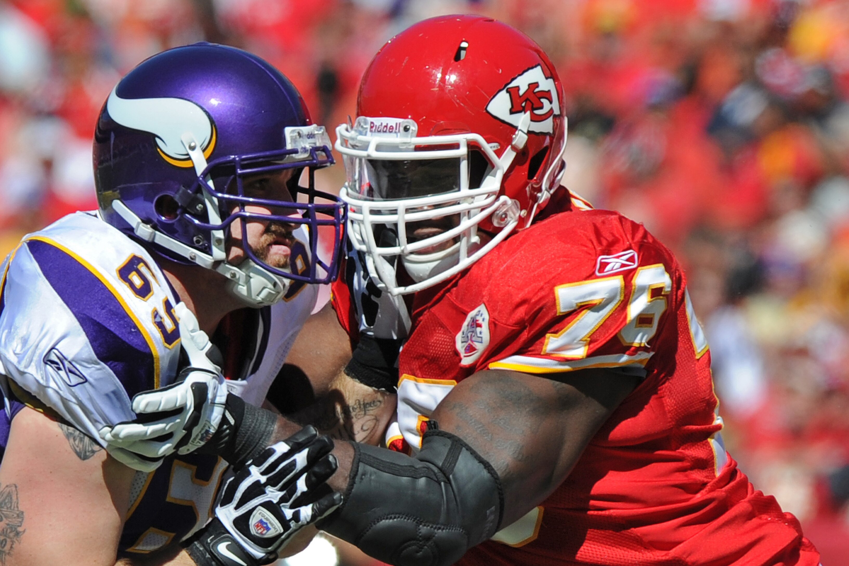 KANSAS CITY, MO - OCTOBER 02: Defensive end Jared Allen #69 of the Minnesota Vikings goes up against offensive tackle Branden Albert #76 of the Kansas City Chiefs during the second quarter on October 2, 2011 at Arrowhead Stadium in Kansas City, Missouri. The Chiefs defeated the Vikings 22-17. (Photo by Peter Aiken/Getty Images)