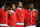LISBON, PORTUGAL - NOVEMBER 15: (L-R) Miguel Veloso, Joao Moutinho, Helder Postiga and Nani of Portugal stand on the pitch as they sing along with their national anthem prior to the start of the Portugal and Bosnia, EURO 2012 qualifier, play off second leg match at the Estadio da Luz on November 15, 2011 in Lisbon, Portugal.  (Photo by Jasper Juinen/Getty Images)