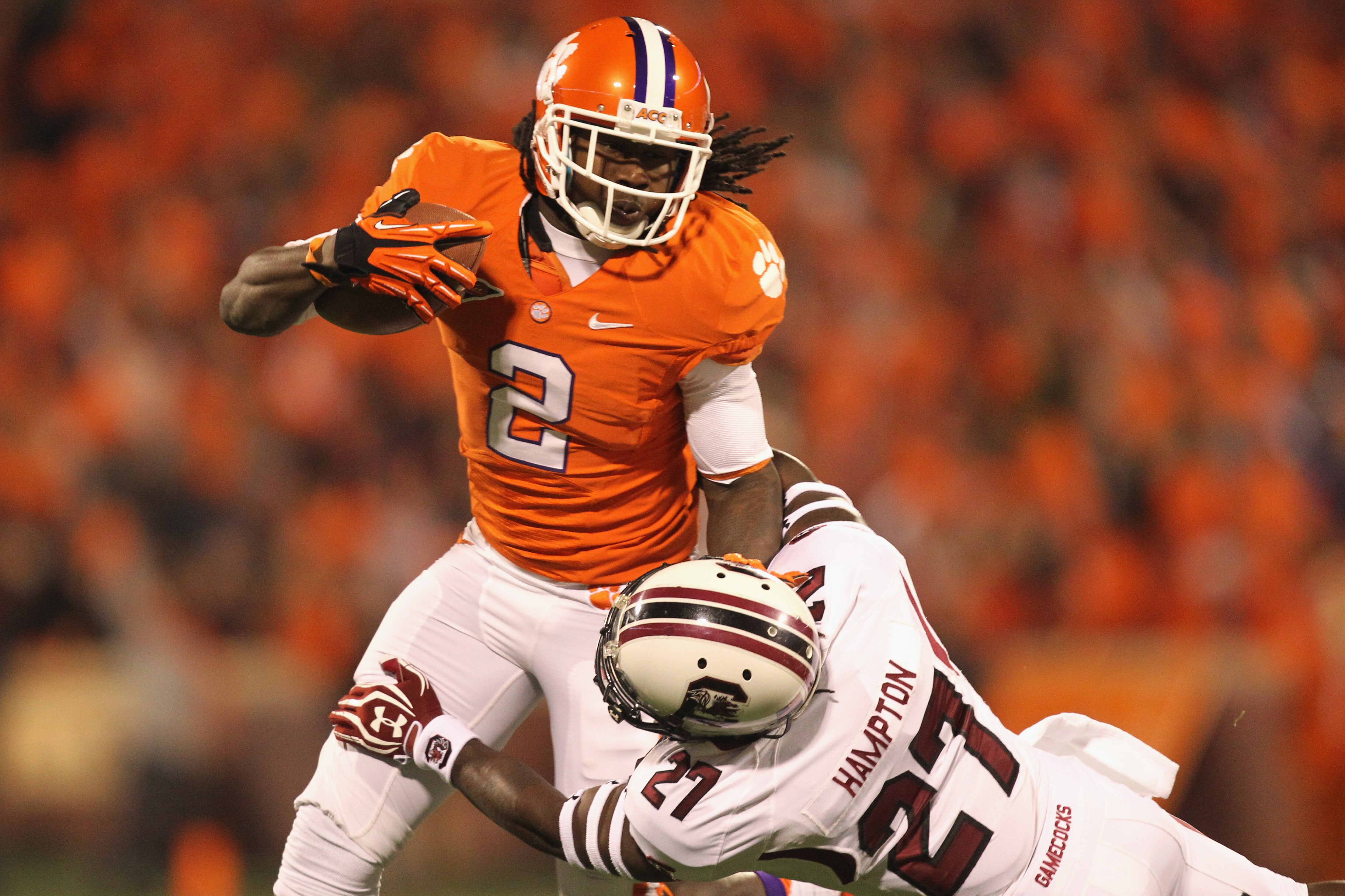 CLEMSON, SC - NOVEMBER 24: Sammy Watkins #2 of the Clemson Tigers is tackled by Victor Hampton #27 of the South Carolina Gamecocks during their game at Memorial Stadium on November 24, 2012 in Clemson, South Carolina. (Photo by Streeter Lecka/Getty Images)