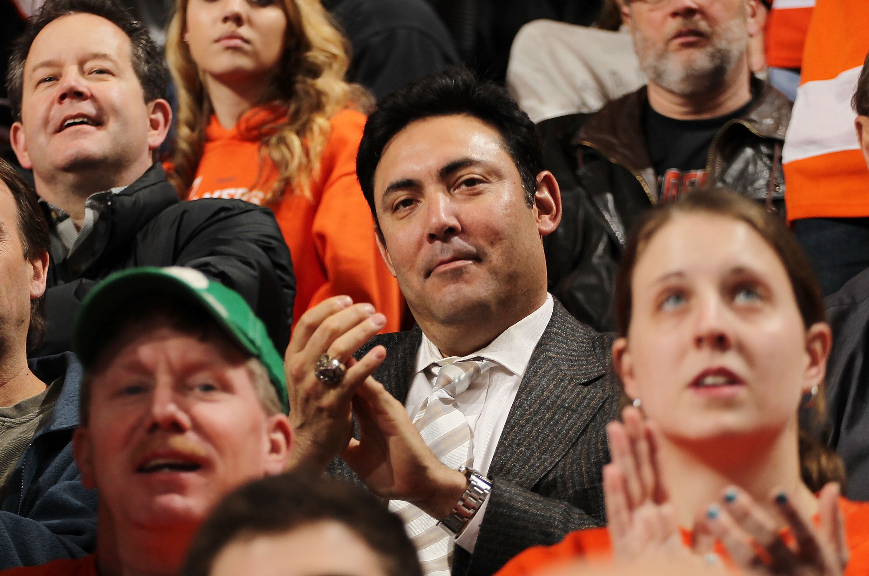 PHILADELPHIA , PA - JANUARY 18: Philadelphia Phillies General Manager Ruben Amaro Jr. takes in a NHL game between the Philadelphia Flyers and the Washington Capitals on January 18, 2011 at the Wells Fargo Center in Philadelphia, Pennsylvania. The Flyers defeated the Capitals 3-2 in overtime. (Photo by Len Redkoles/NHLI via Getty Images)