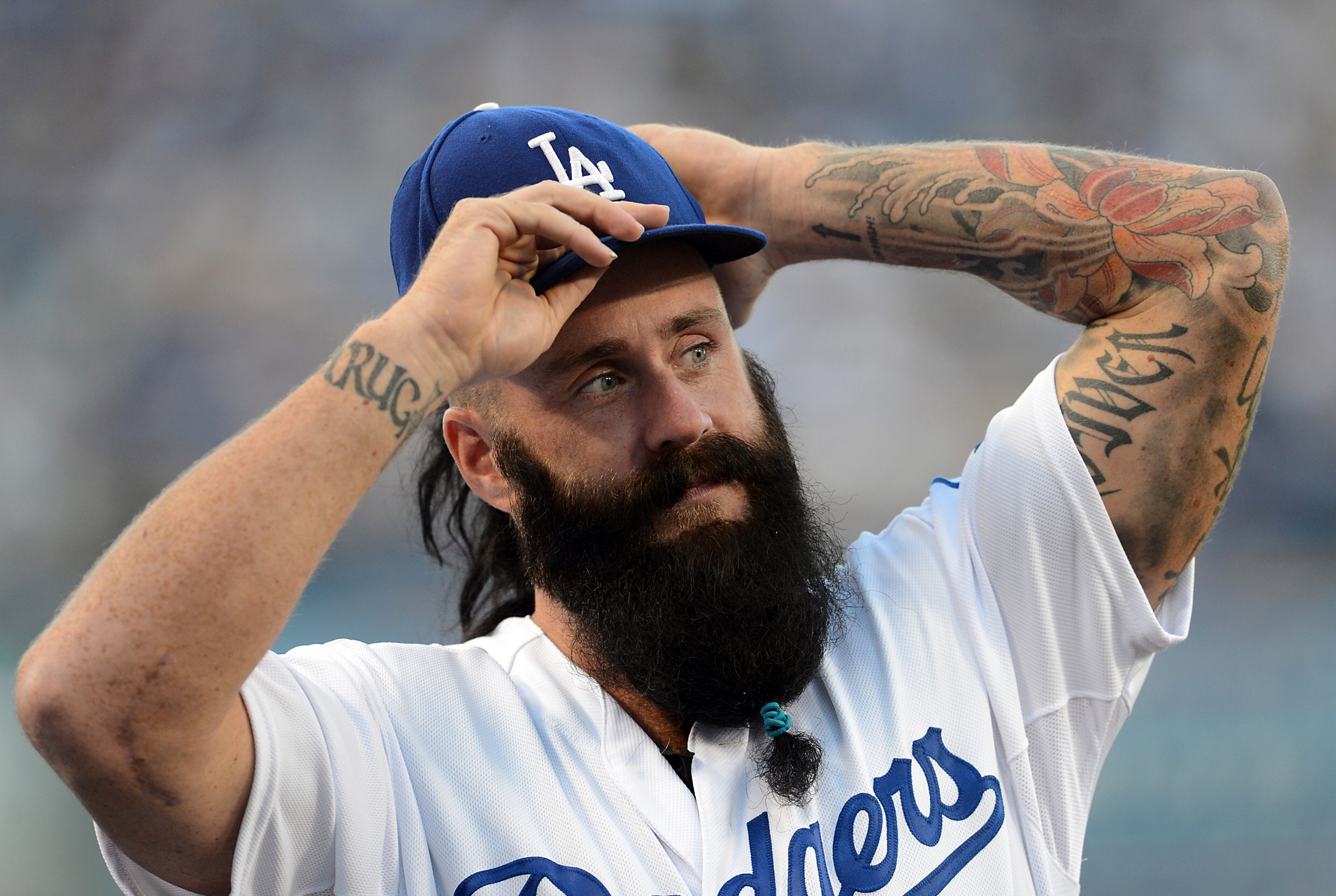Sep 28, 2013; Los Angeles, CA, USA; Los Angeles Dodgers pitcher Brian Wilson (00) during the game against the Colorado Rockies at Dodger Stadium. Mandatory Credit: Jayne Kamin-Oncea-USA TODAY Sports