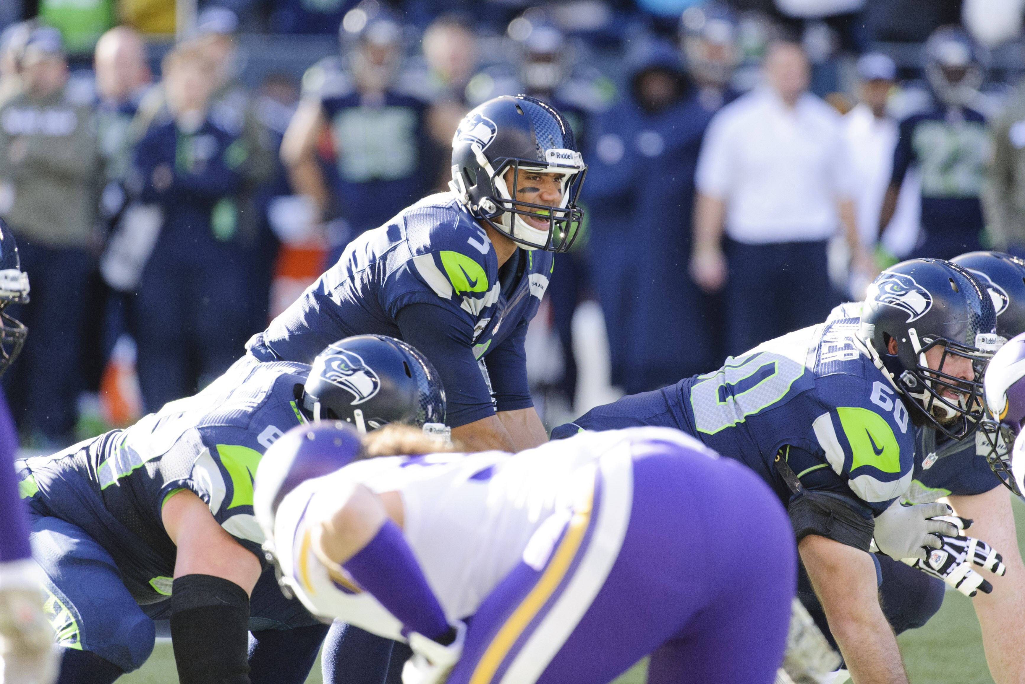 Nov 17, 2013; Seattle, WA, USA; Seattle Seahawks quarterback Russell Wilson (3) calls out a play at the line during the first half against the Minnesota Vikings at CenturyLink Field. Mandatory Credit: Steven Bisig-USA TODAY Sports