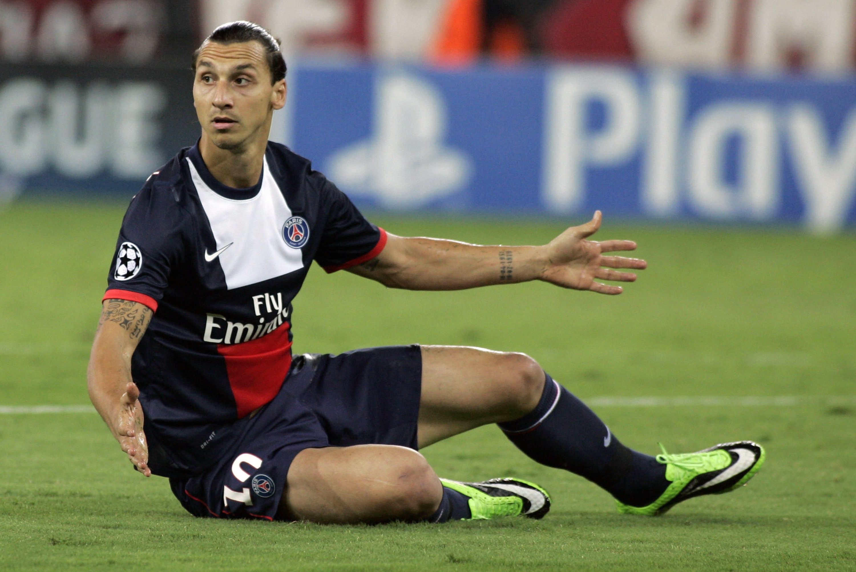 ATHENS, GREECE - SEPTEMBER 17: Zlatan Ibrahimovic of Paris Saint-Germain FC in action during the UEFA Champions League group stage match between Olympiacos FC and Paris Saint-Germain FC held on September 17, 2013 at the Georgios Karaiskakis Stadium in Athens, Greece. (Photo by Milos Bicanski/EuroFootball/Getty Images)