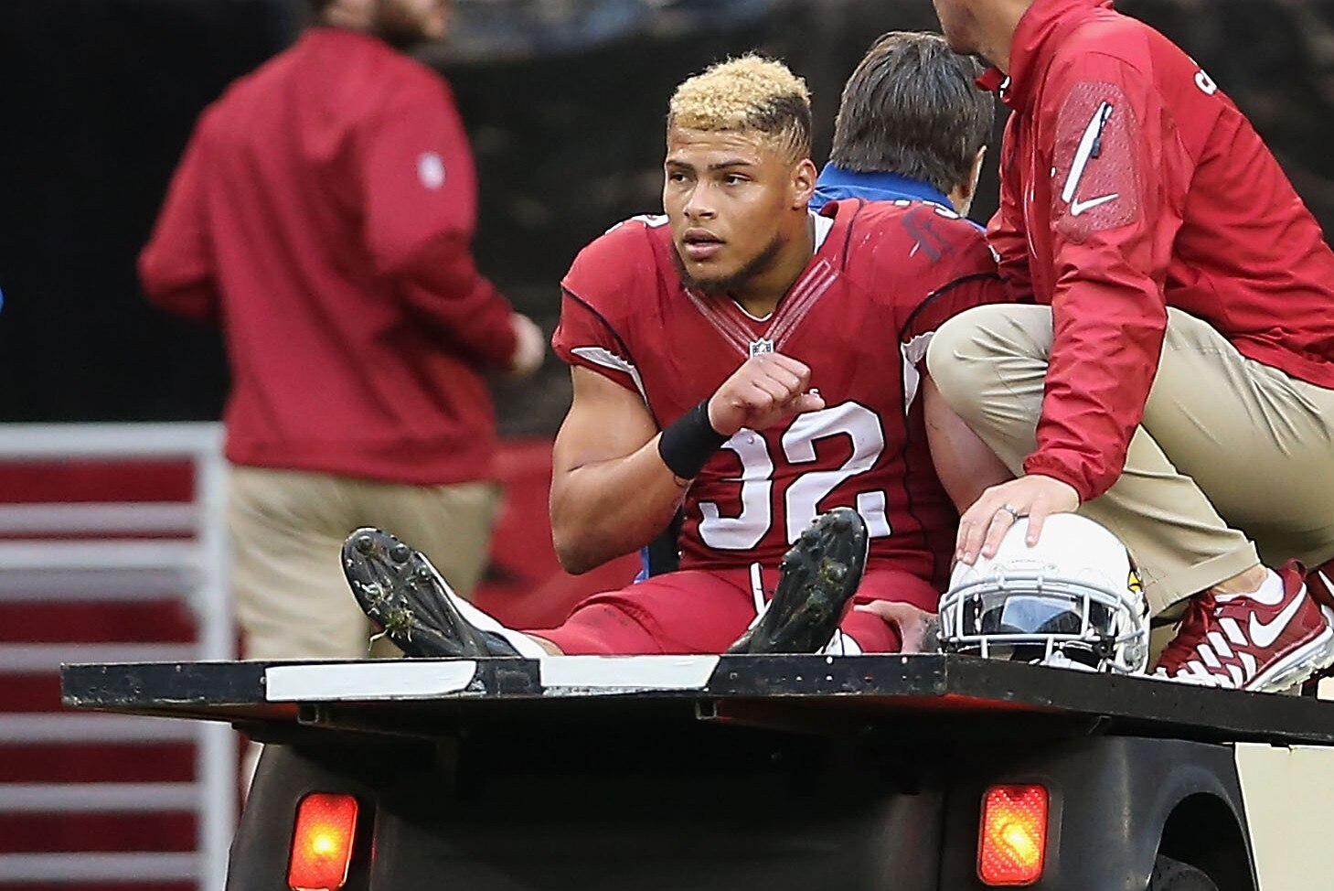 GLENDALE, AZ - DECEMBER 08: Free safety Tyrann Mathieu #32 of the Arizona Cardinals is taken off the field on a cart after an injury during the third quarter of the NFL game against the St. Louis Rams at the University of Phoenix Stadium on December 8, 2013 in Glendale, Arizona. The Cardinals defeated the Rams 30-10. (Photo by Christian Petersen/Getty Images)