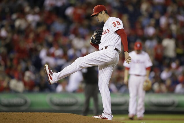 Philadelphia Phillies' Cole Hamels in action during a baseball game against the New York Mets, Friday, Sept. 20, 2013, in Philadelphia. (AP Photo/Matt Slocum)