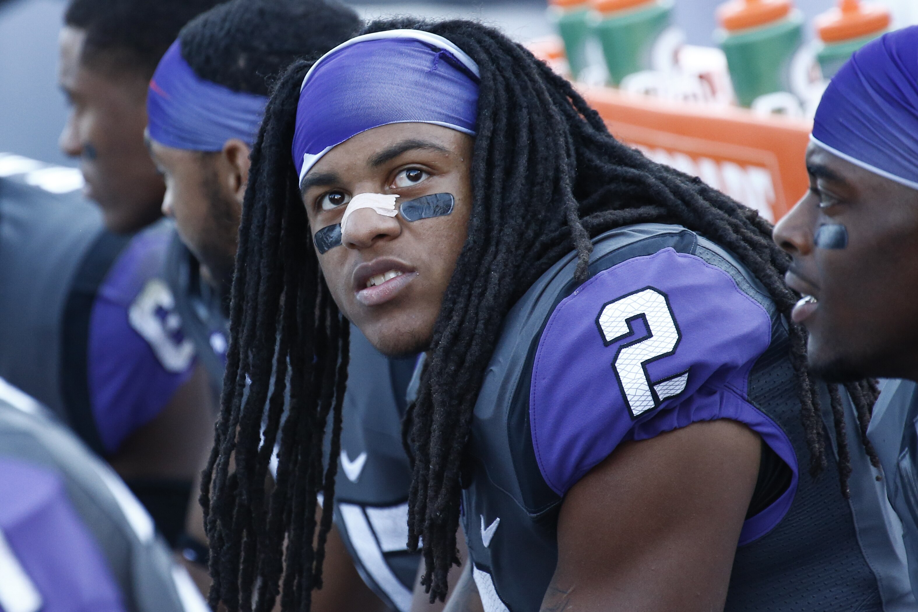 TCU cornerback Jason Verrett (2) looks on from the sideline during the first half of an NCAA football game against West Virginia, Saturday, Nov. 2, 2013, in Fort Worth, Texas. (AP Photo/Jim Cowsert)