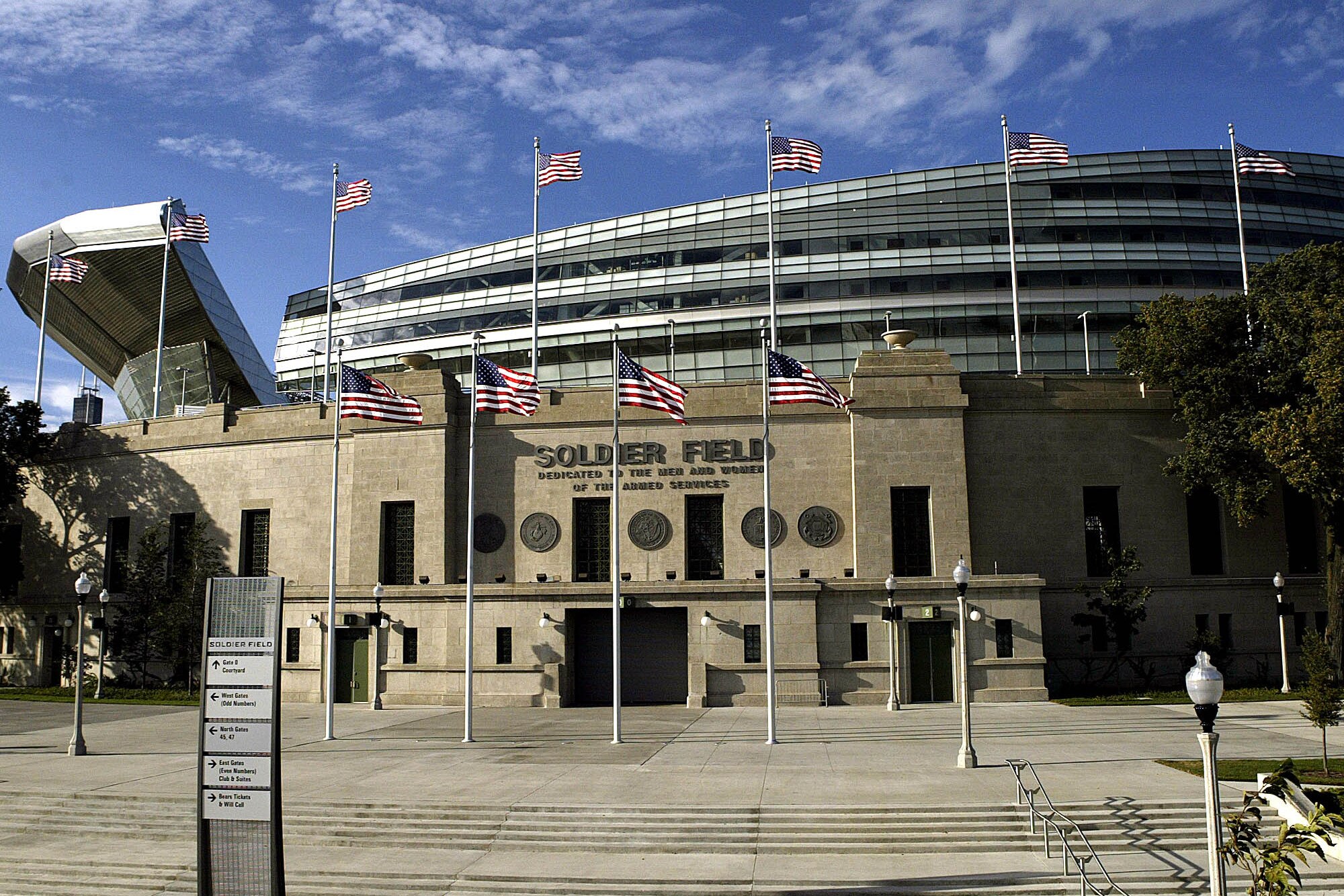 Soldier Field in Chicago is shown Friday, Sept. 24, 2004. A federal parks panel recommended stripping Soldier Field of its landmark status, agreeing that a $660 million renovation destroyed the historic character of the 80-year-old stadium. The National Parks System's Landmarks Committee unanimously backed the July findings of its architectural analysts, who called the changes at the Chicago Bears' home field