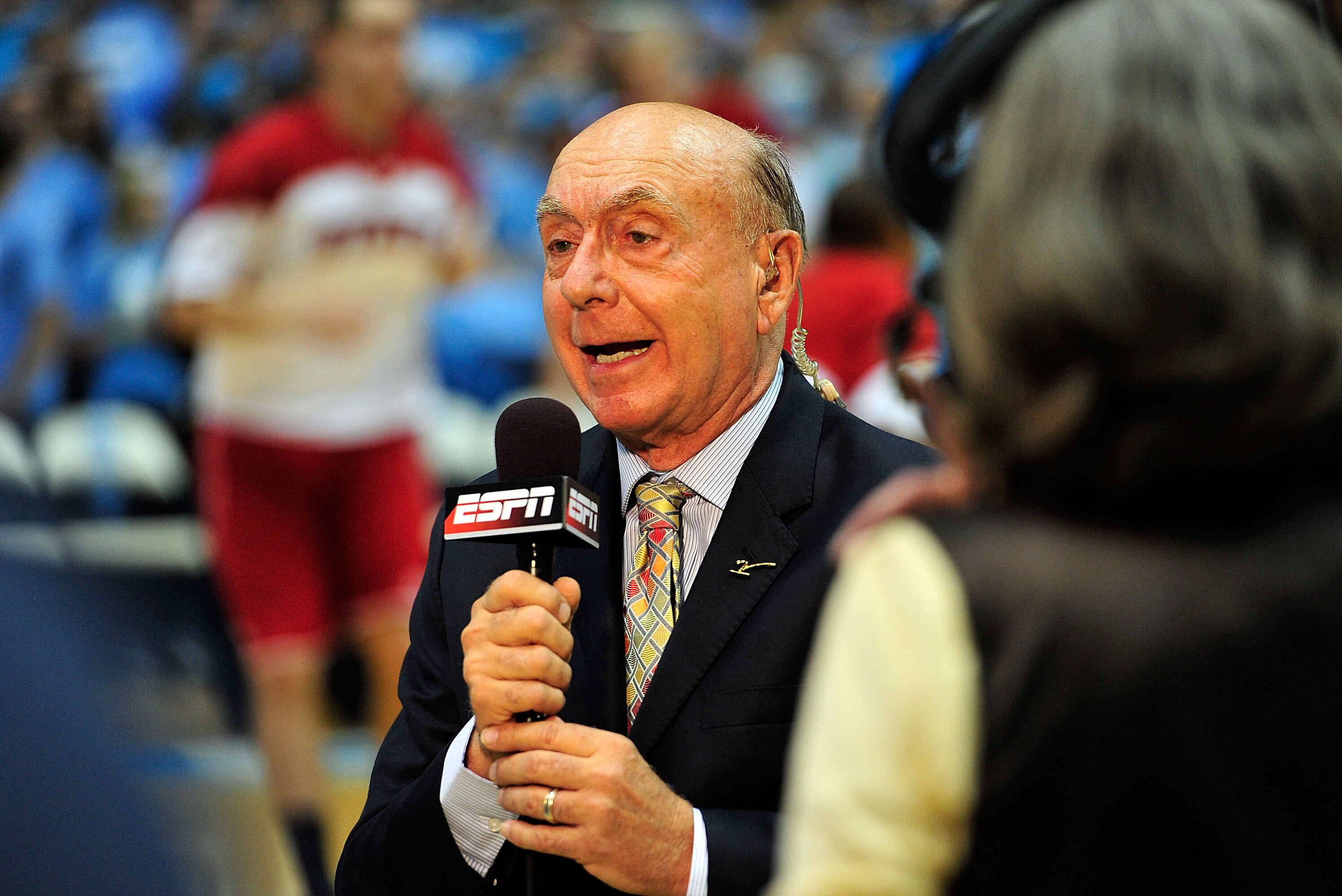 CHAPEL HILL, NC - JANUARY 26: ESPN broadcaster Dick Vitale does a live broadcast before a game between the North Carolina Tar Heels and the North Carolina State Wolfpack at the Dean Smith Center on January 26, 2012 in Chapel Hill, North Carolina. North Carolina won 74-55. (Photo by Grant Halverson/Getty Images)