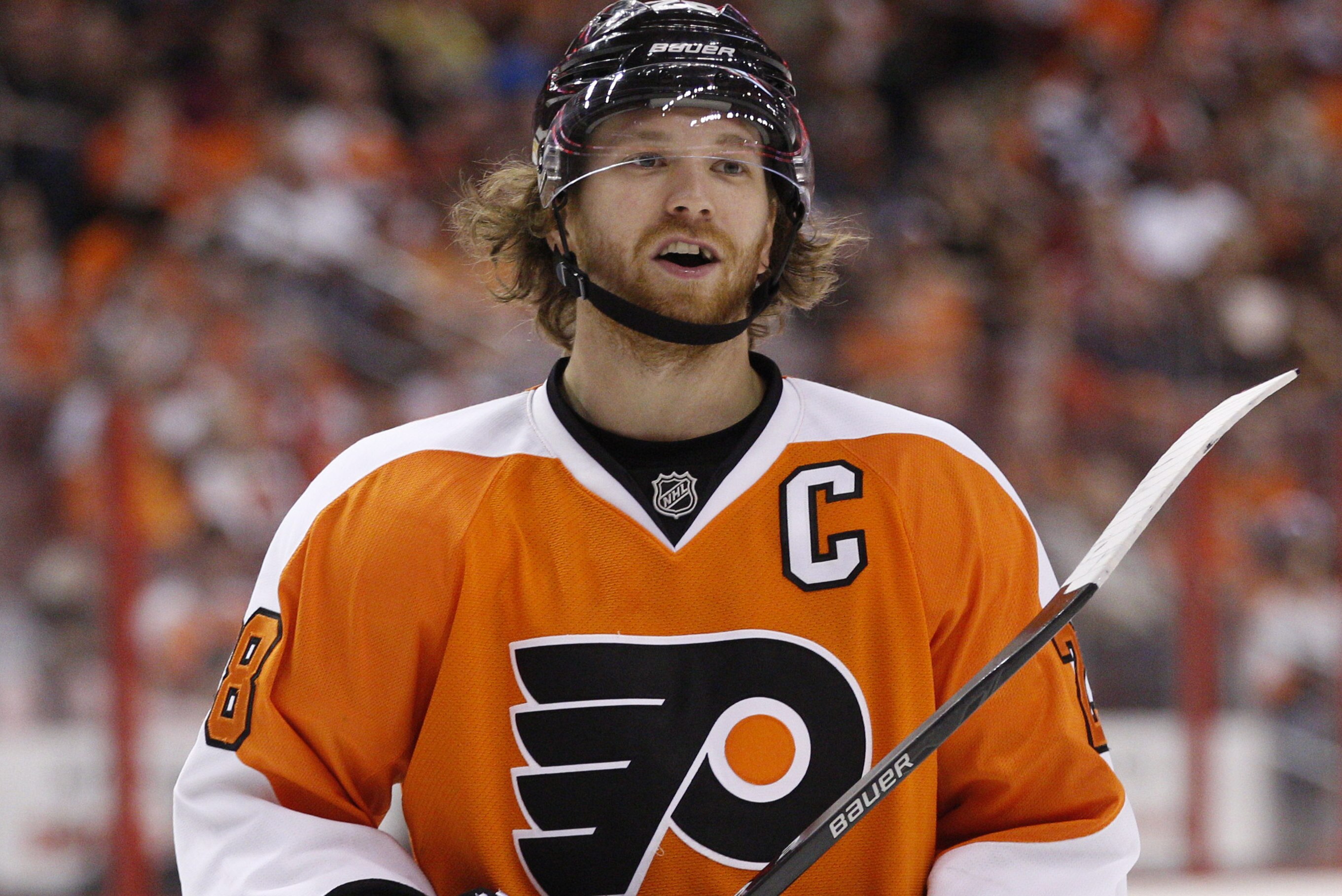Philadelphia Flyers' Claude Giroux looks on during the second period of an NHL hockey game against the Carolina Hurricanes, Sunday, April 13, 2014, in Philadelphia. The Hurricanes won 6-5 in a shootout. (AP Photo/Chris Szagola)
