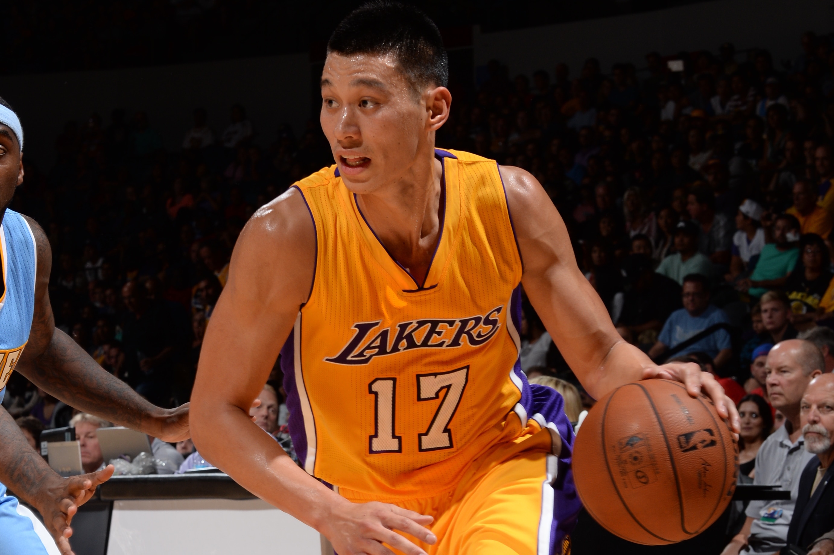 SAN DIEGO, CA- OCTOBER 6: Jeremy Lin #17 of the Los Angeles Lakers drives to the hoop against Ty Lawson #3 of the Denver Nuggets as the Los Angeles Lakers take on the Denver Nuggets at the Valley View Sports Arena in San Diego, California on October 6, 2014 . NOTE TO USER: User expressly acknowledges and agrees that, by downloading and/or using this Photograph, user is consenting to the terms and conditions of the Getty Images License Agreement. Mandatory Copyright Notice: Copyright 2014 NBAE (Photo by Noah Graham /NBAE via Getty Images)
