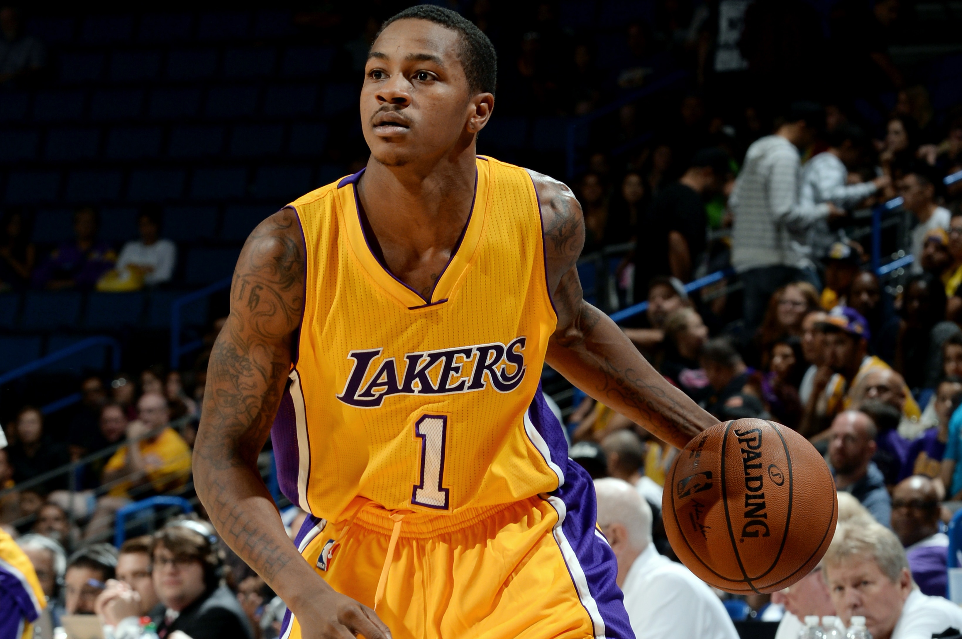 ONTARIO, CA - OCTOBER 12: Keith Appling #1 of the Los Angeles Lakers handles the ball during the game against the Golden State Warriors on October 12, 2014 at Citizens Business Bank Arena in Ontario, California. NOTE TO USER: User expressly acknowledges and agrees that, by downloading and/or using this Photograph, user is consenting to the terms and conditions of the Getty Images License Agreement. Mandatory Copyright Notice: Copyright 2014 NBAE (Photo by Noah Graham/NBAE via Getty Images)