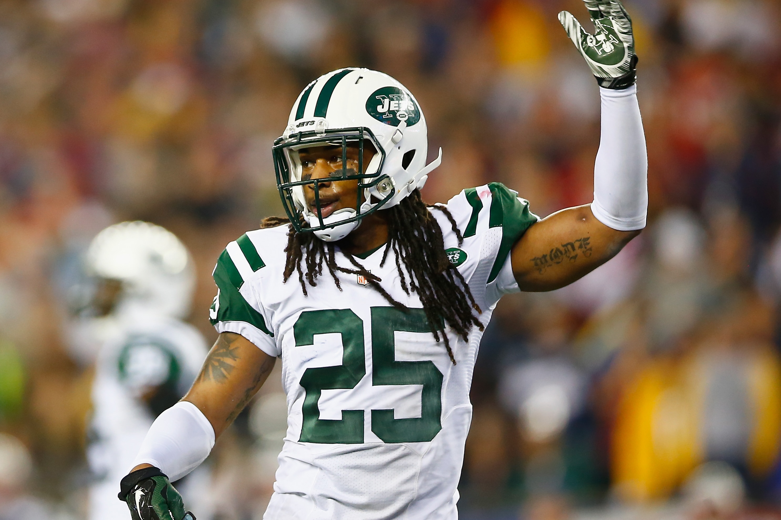 FOXBORO, MA - OCTOBER 16: Calvin Pryor #25 of the New York Jets reacts during the second quarter against the New England Patriots at Gillette Stadium on October 16, 2014 in Foxboro, Massachusetts. (Photo by Jared Wickerham/Getty Images)