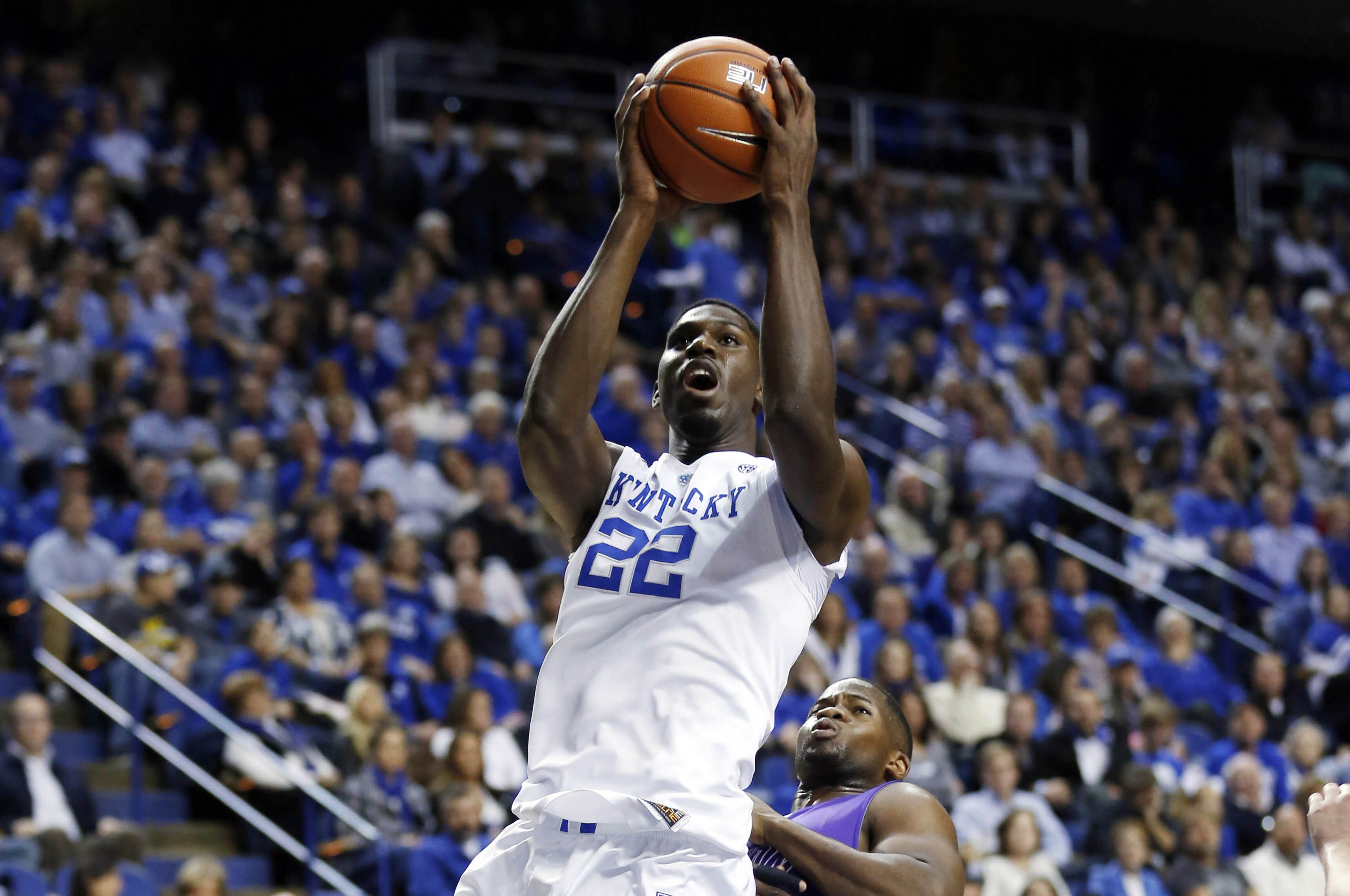 Nov 14, 2014; Lexington, KY, USA; Kentucky Wildcats guard forward Alex Poythress (22) shoots the ball against the Grand Canyon Antelopes at Rupp Arena. Mandatory Credit: Mark Zerof-USA TODAY Sports