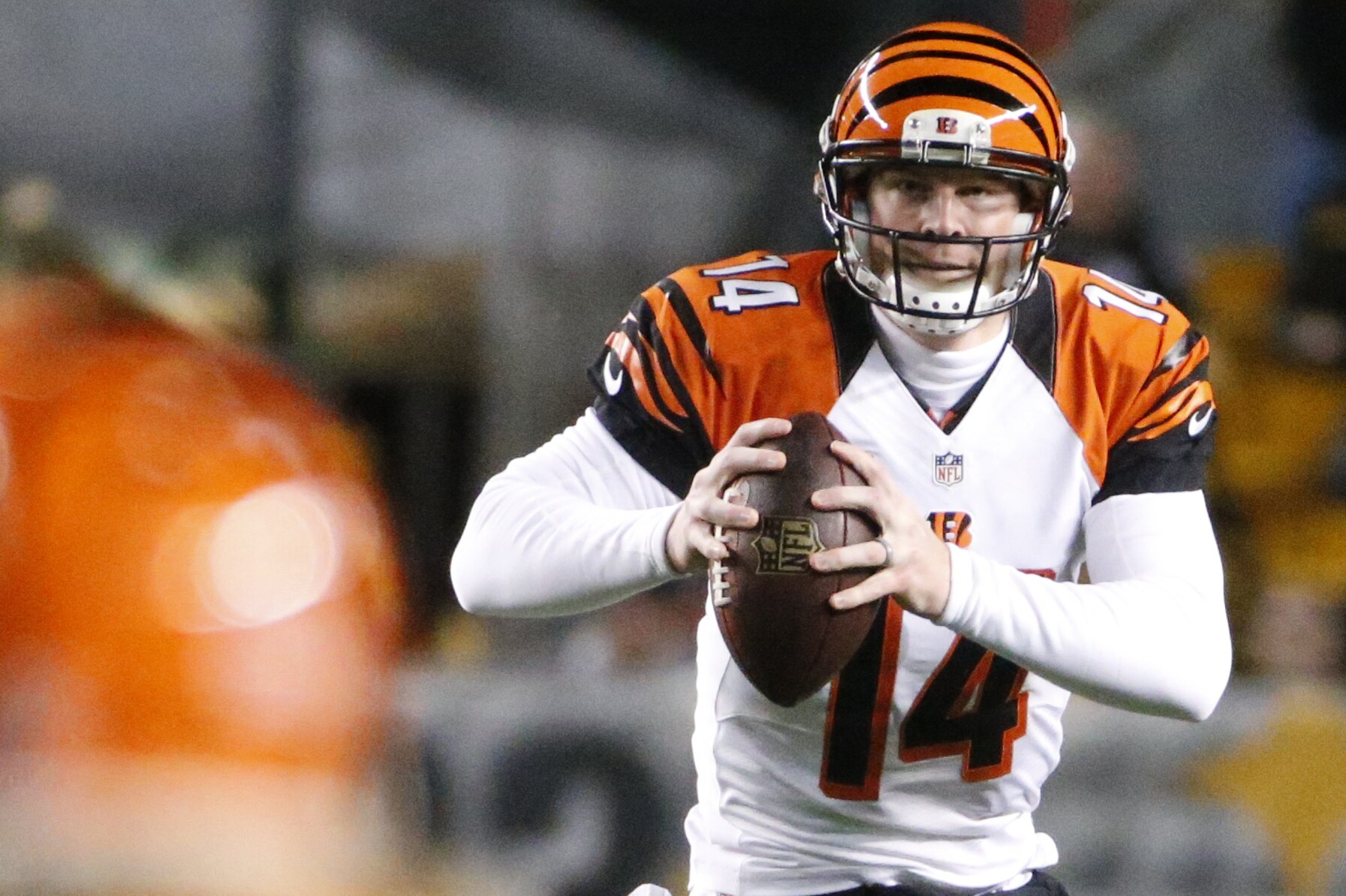Cincinnati Bengals quarterback Andy Dalton (14) plays in the first half an NFL football game against the Pittsburgh Steelers, Sunday, Dec. 28, 2014 in Pittsburgh. (AP Photo/Gene J. Puskar)