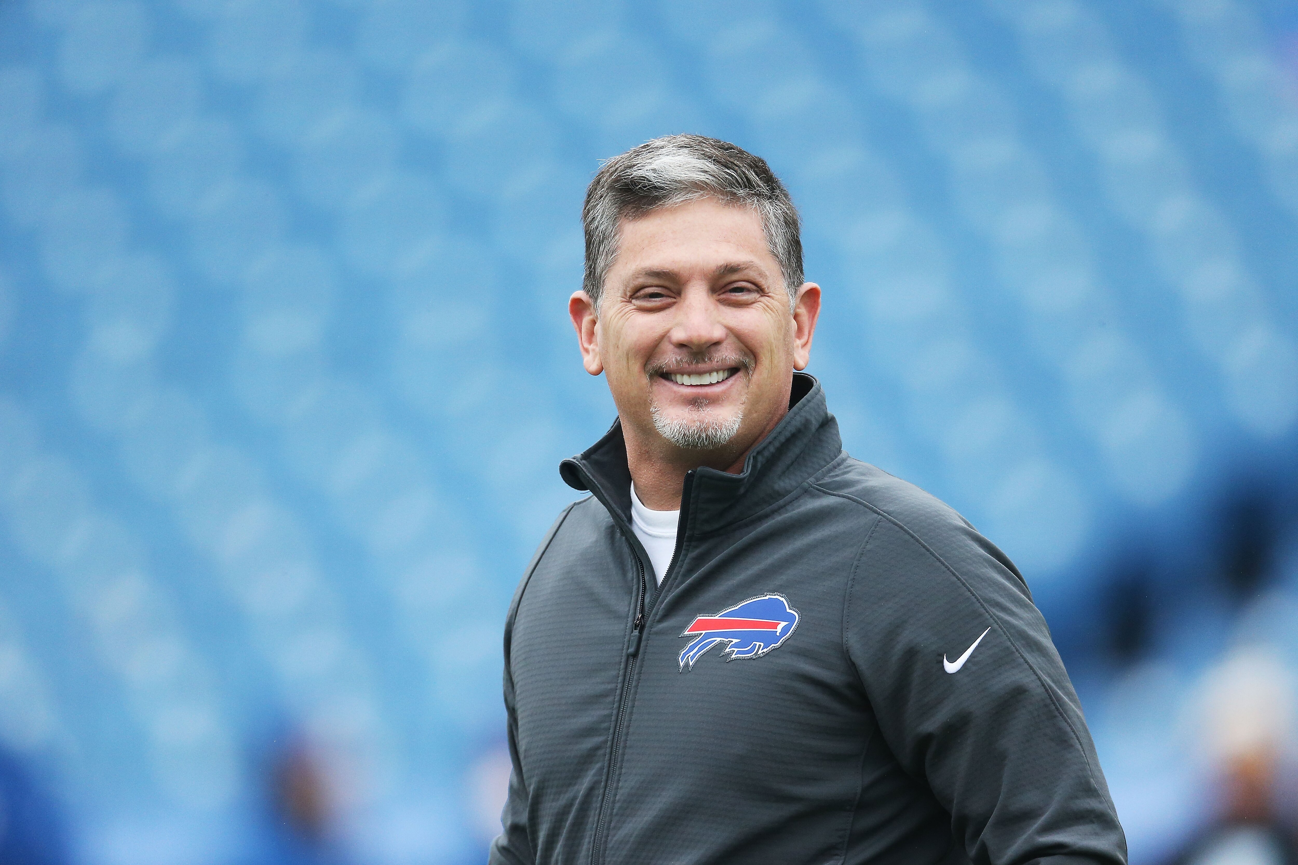 ORCHARD PARK, NY - DECEMBER 14: Defensive coordinator Jim Schwartz of the Buffalo Bills watches warm-ups before the game against the Green Bay Packers at Ralph Wilson Stadium on December 14, 2014 in Orchard Park, New York. (Photo by Tom Szczerbowski/Getty Images)