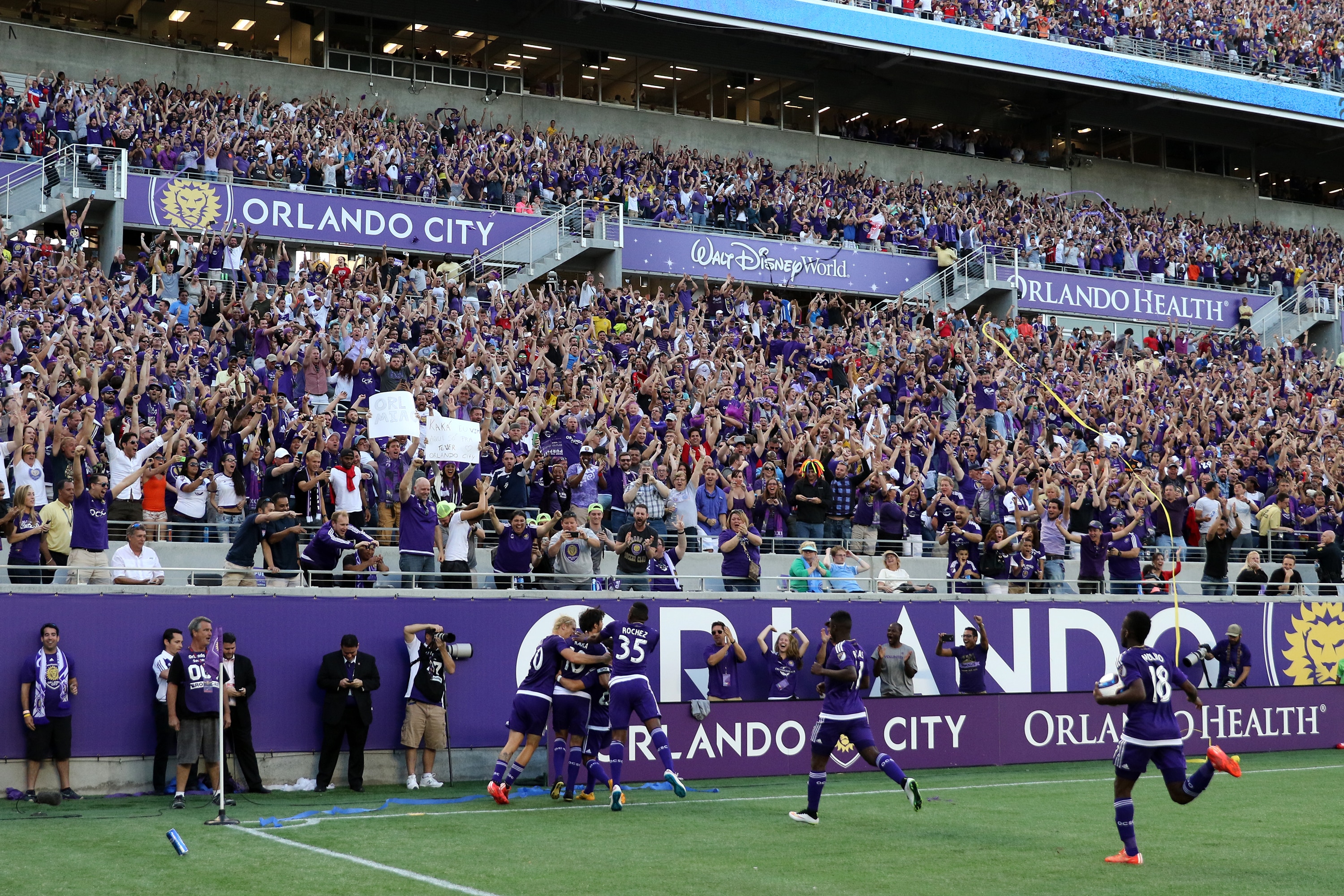 ORLANDO, FL - MARCH 08: Kaka #10 of Orlando City SC celebrates after he scores the first goal in team history during an MLS soccer match between the New York City FC and the Orlando City SC at the Orlando Citrus Bowl on March 8, 2015 in Orlando, Florida. This was the first game for both teams and the final score was 1-1.(Photo by Alex Menendez/Getty Images)