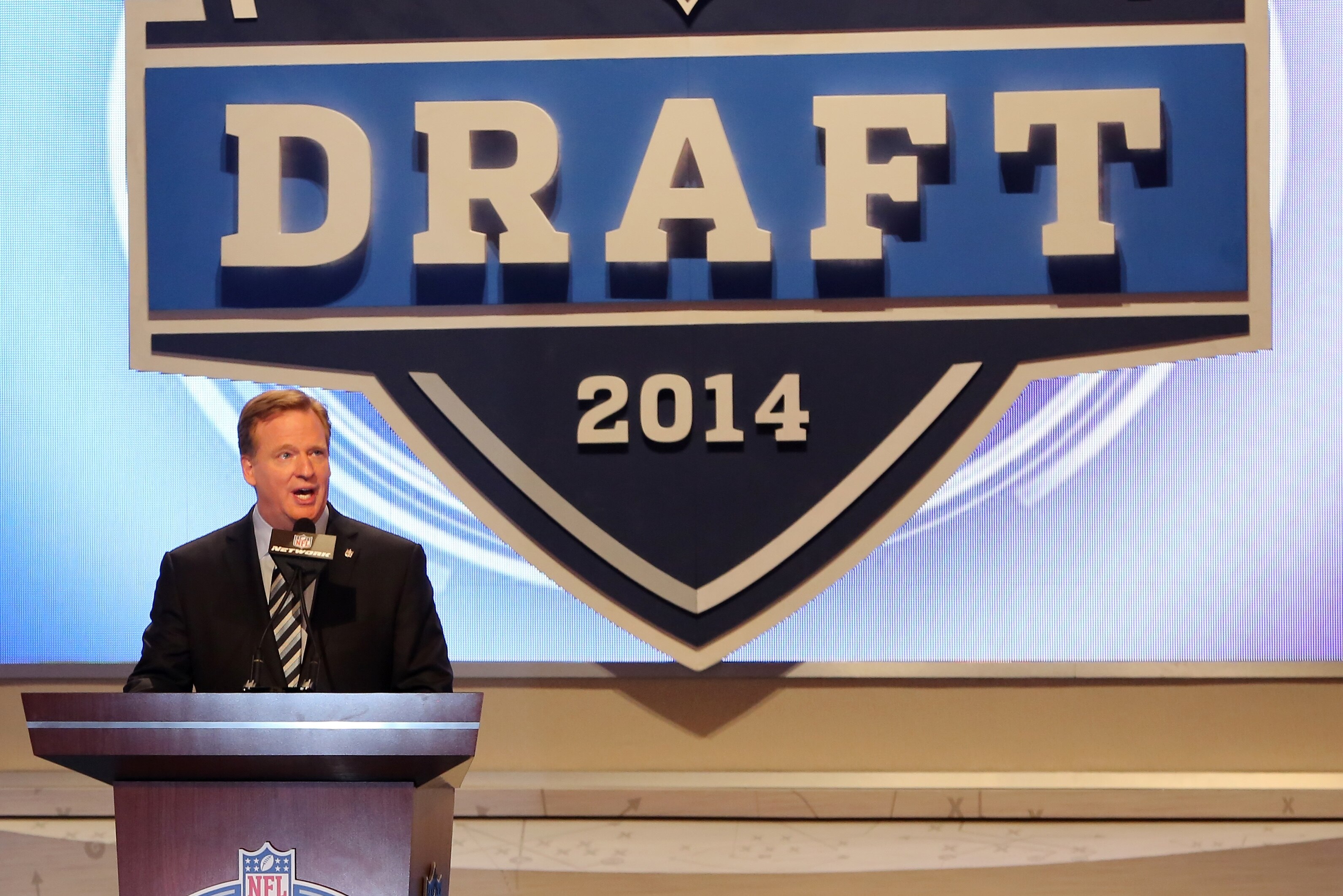 NFL Commissioner Roger Goodell is seen on stage at the 2014 NFL Draft at Radio City on Thursday, May 8th, 2014 in New York, NY. (AP Photo/Gregory Payan)
