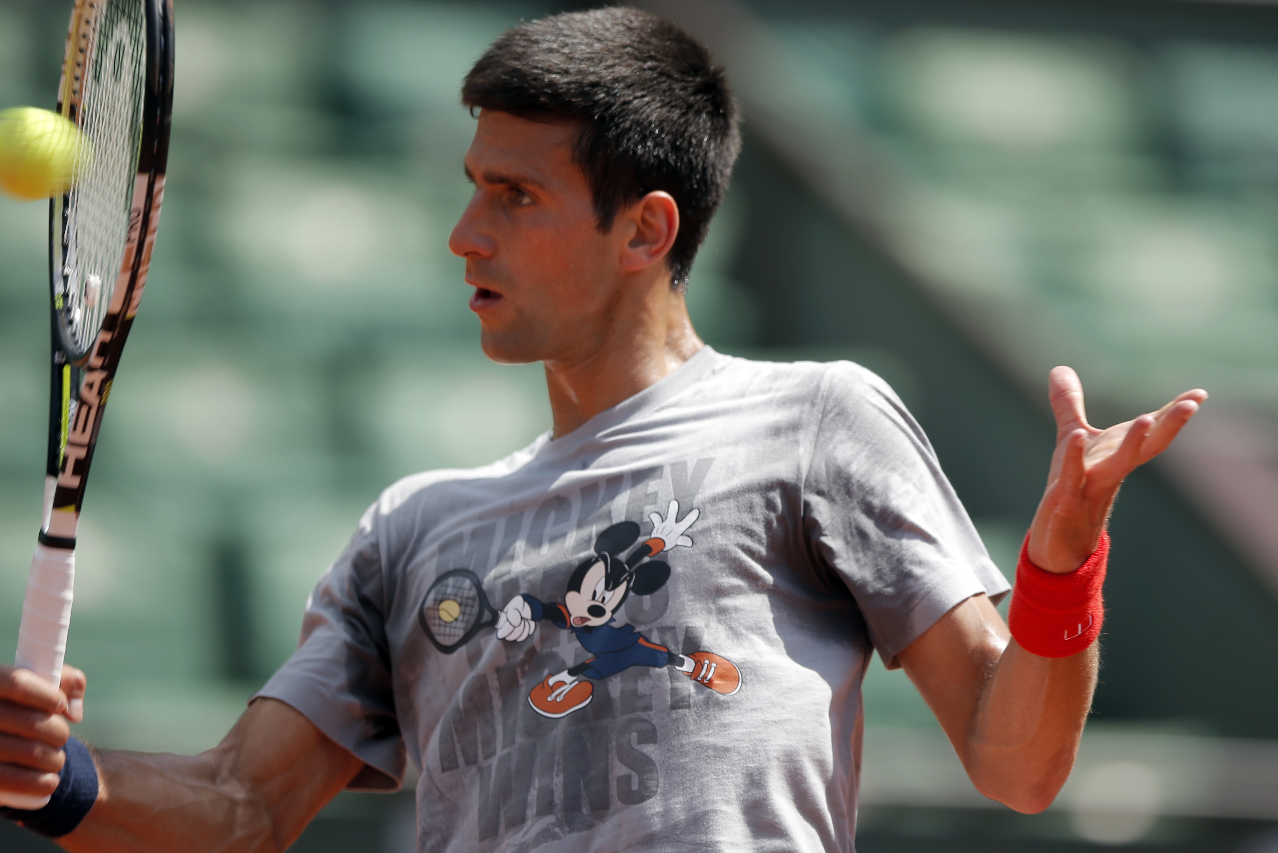 Serbia's Novak Djokovic returns the ball during a training session for the French Tennis Open at the Roland Garros stadium, Friday, May 22, 2015 in Paris. The French Open starts Sunday. (AP Photo/Francois Mori)