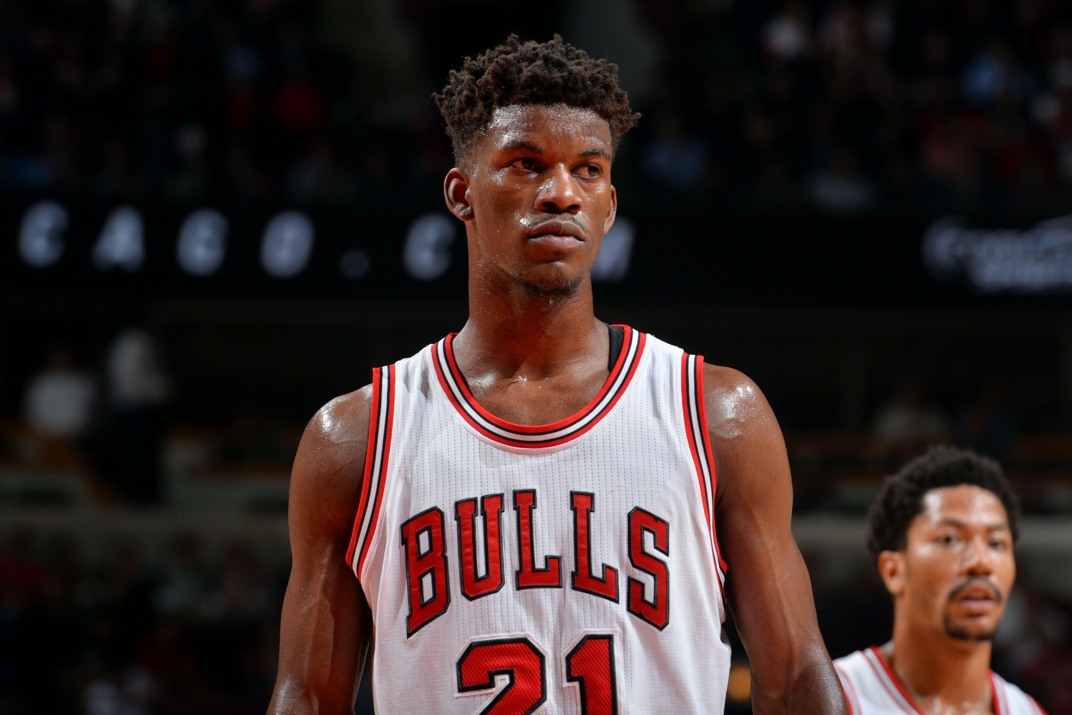 CHICAGO, IL - MAY 14: Jimmy Butler #21 of the Chicago Bulls stands on the court during a game against the Cleveland Cavaliers in Game Six of the Eastern Conference Semifinals during the 2015 NBA Playoffs on May 14, 2015 at the United Center in Chicago,Illinois NOTE TO USER: User expressly acknowledges and agrees that, by downloading and/or using this Photograph, user is consenting to the terms and conditions of the Getty Images License Agreement. Mandatory Copyright Notice: Copyright 2015 NBAE (Photo by Jesse D. Garrabrant/NBAE via Getty Images)