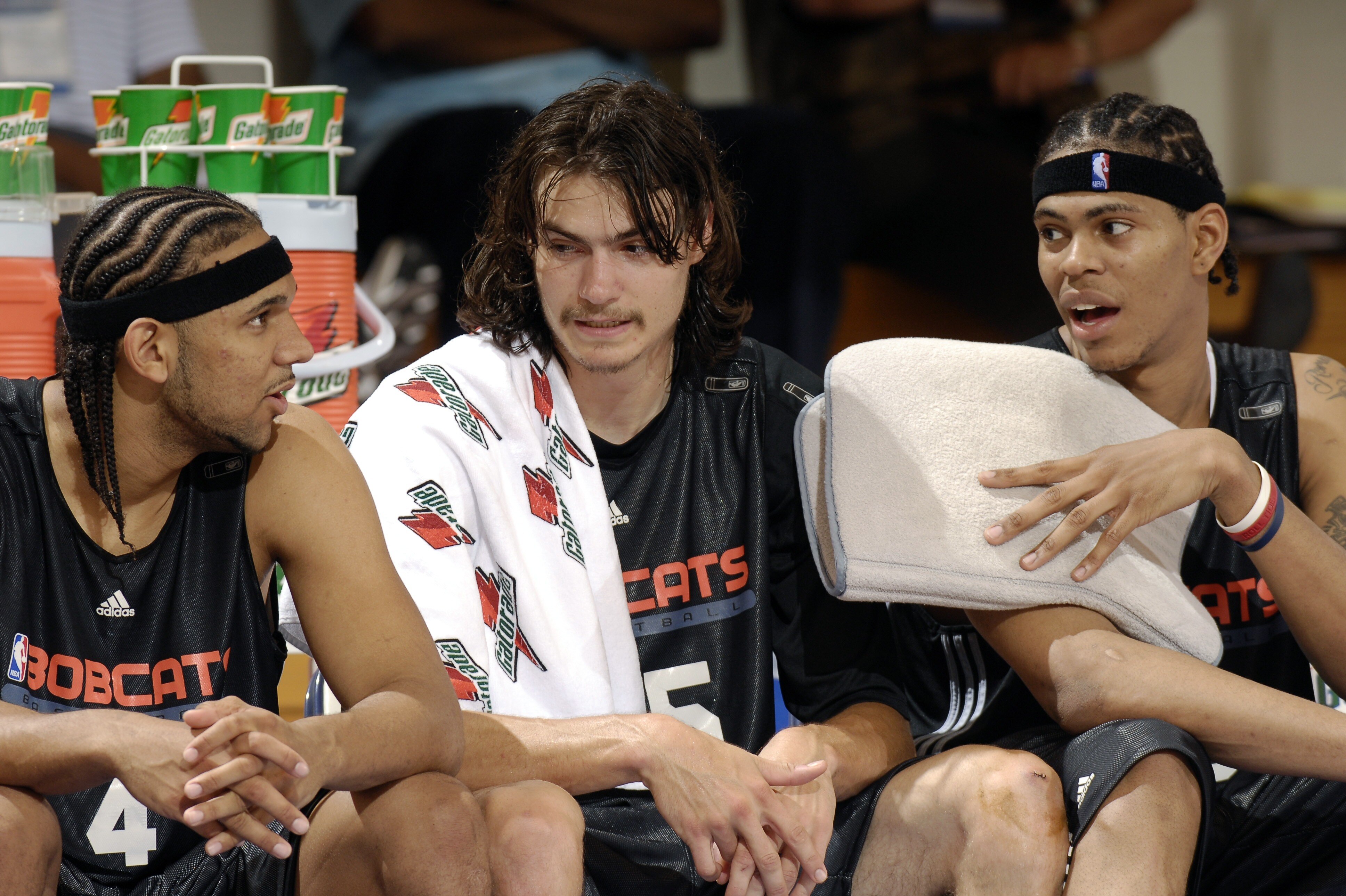 MAITLAND, FL - JULY 10: Jared Dudley #4, Adam Morrison #35 and Jermareo Davidson #33 of the Charlotte Bobcats chat on the bench during the game against the Chicago Bulls at the 2007 Pepsi Pro Summer League at the RDV Sportsplex on July 10, 2007 in Maitland, Florida. NOTE TO USER: User expressly acknowledges and agrees that, by downloading and/or using this Photograph, user is consenting to the terms and conditions of the Getty Images License Agreement. Mandatory Copyright Notice: Copyright 2007 NBAE (Photo by Fernando Medina/NBAE via Getty Images)