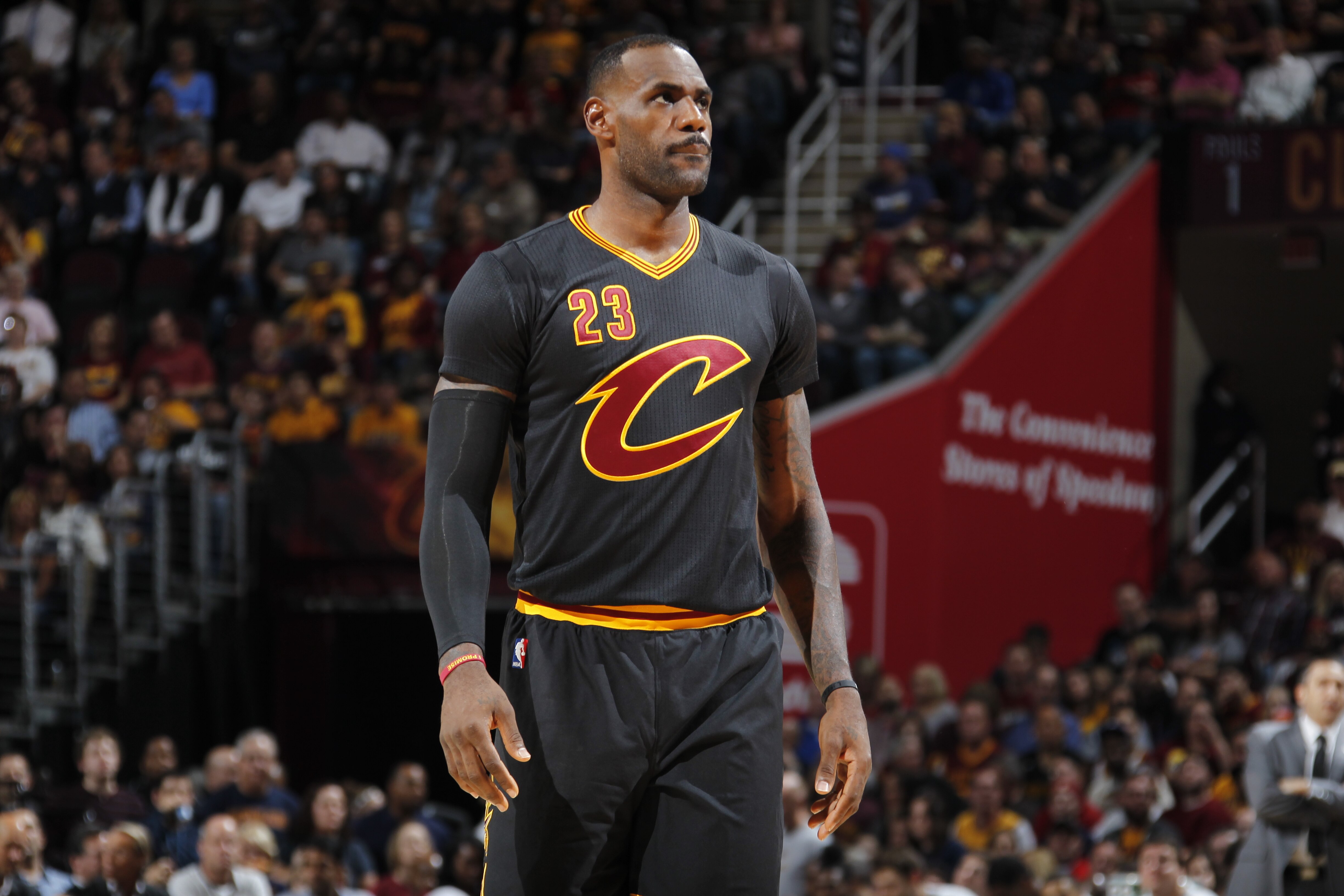 CLEVELAND, OH - NOVEMBER 4: LeBron James #23 of the Cleveland Cavaliers looks on during the game against the New York Knicks on November 4, 2015 at Quicken Loans Arena in Cleveland, Ohio. NOTE TO USER: User expressly acknowledges and agrees that, by downloading and/or using this Photograph, user is consenting to the terms and conditions of the Getty Images License Agreement. Mandatory Copyright Notice: Copyright 2015 NBAE (Photo by Gregory Shamus/NBAE via Getty Images)
