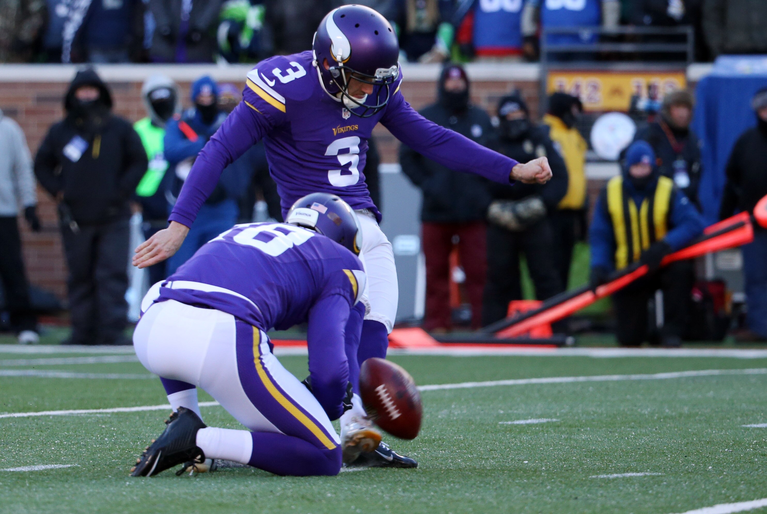 Jan 10, 2016; Minneapolis, MN, USA; Minnesota Vikings kicker Blair Walsh (3) kicks a field goal against the Seattle Seahawks in the first half in a NFC Wild Card playoff football game at TCF Bank Stadium. Mandatory Credit: Brace Hemmelgarn-USA TODAY Sports