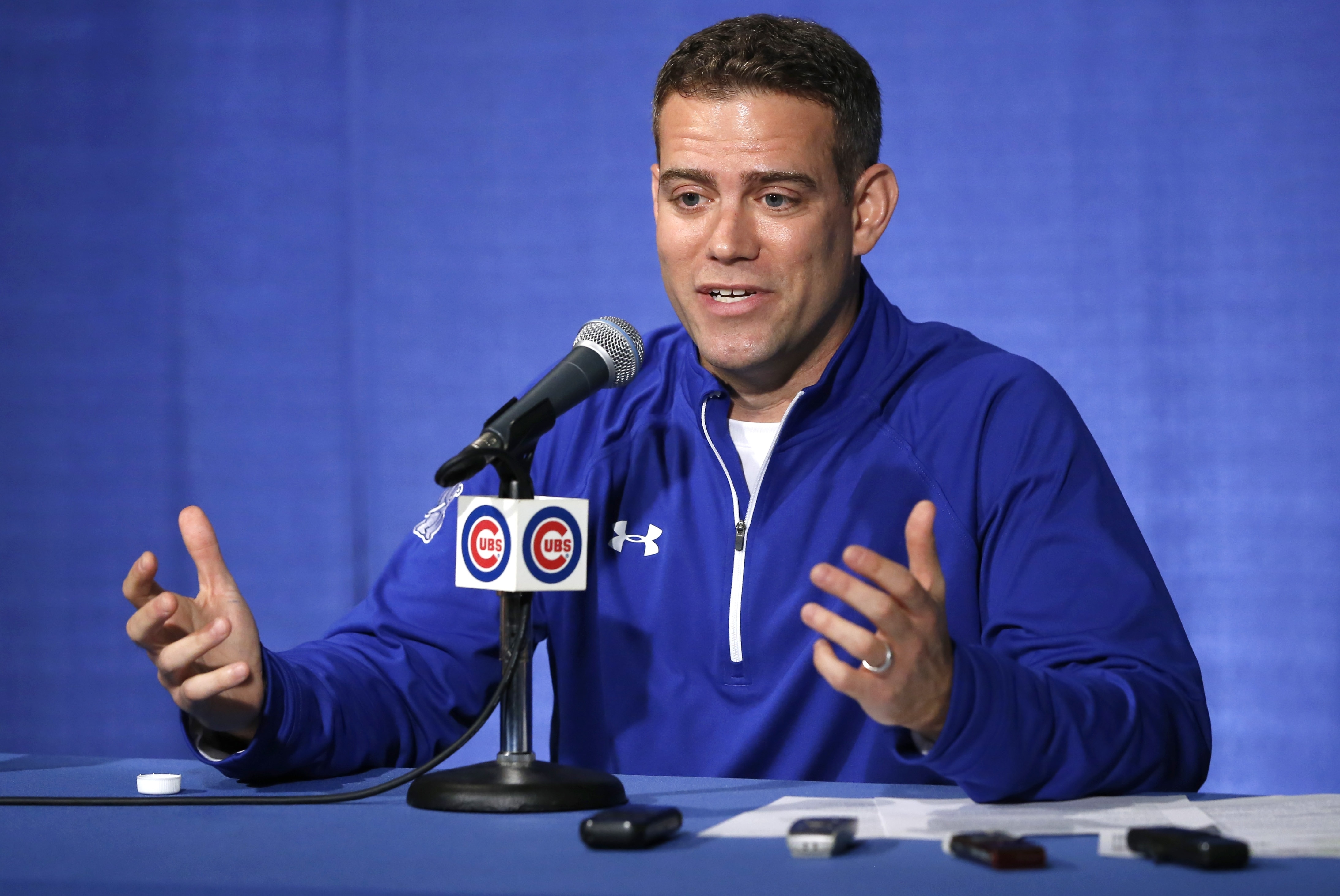 Theo Epstein, President of Baseball Operations for the Chicago Cubs, talks to reporters the day after his ball club was eliminated in the NLCS by the New York Mets. Thursday, Oct. 22, 2015, in Chicago. (AP Photo/Charles Rex Arbogast)