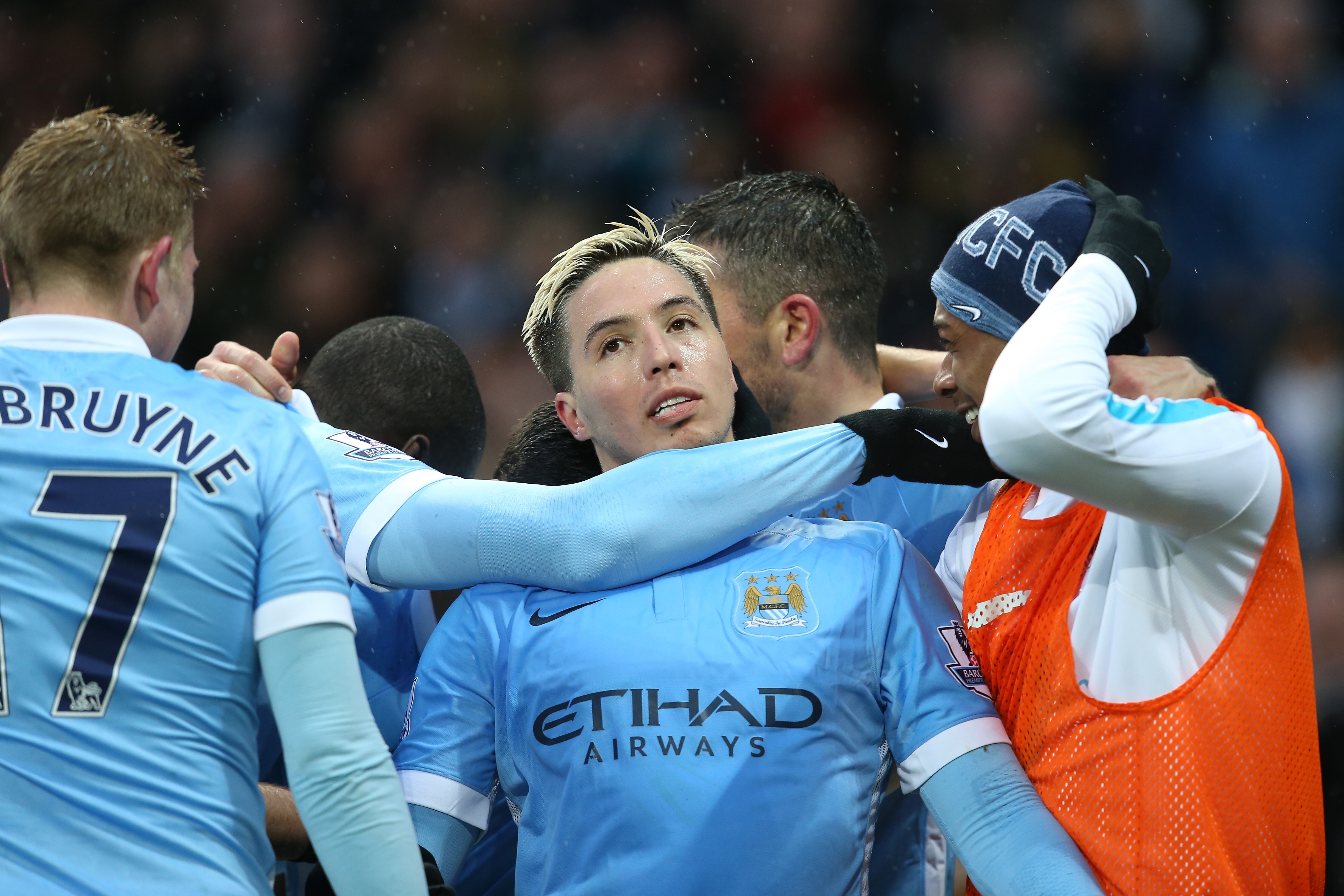 MANCHESTER, ENGLAND - APRIL 09: Samir Nasri of Manchester City celebrates scoring his team's second goal with team mates during the Barclays Premier League match between Manchester City and West Bromwich Albion at the Etihad Stadium on April 9, 2016 in Manchester, England. (Photo by Jan Kruger/Getty Images)