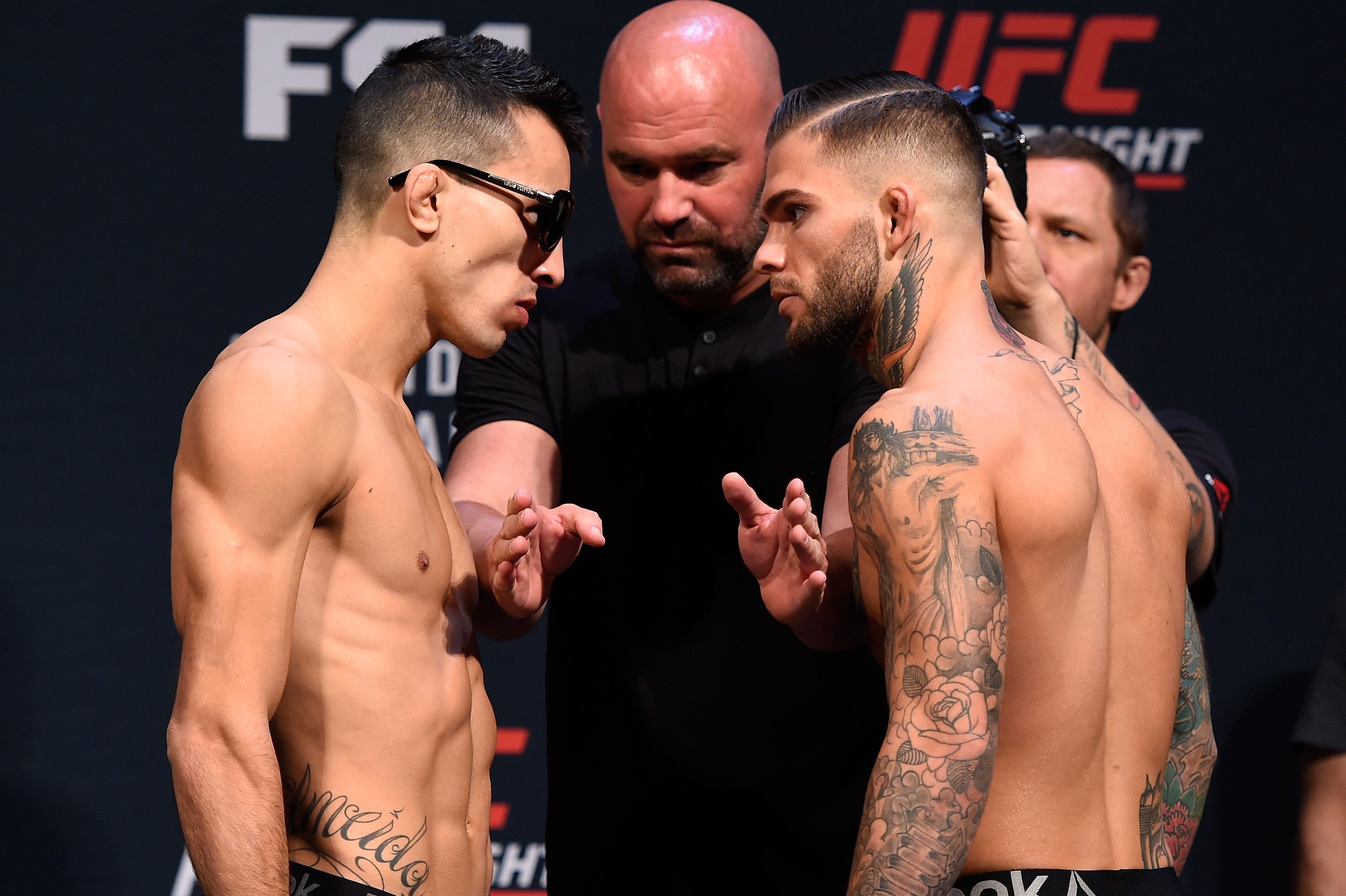 LAS VEGAS, NV - MAY 28: (L-R) Opponents Thomas Almeida of Brazil and Cody Garbrandt face off during the UFC Fight Night weigh-in at the Mandalay Bay Events Center on May 28, 2016 in Las Vegas, Nevada. (Photo by Josh Hedges/Zuffa LLC/Zuffa LLC via Getty Images)