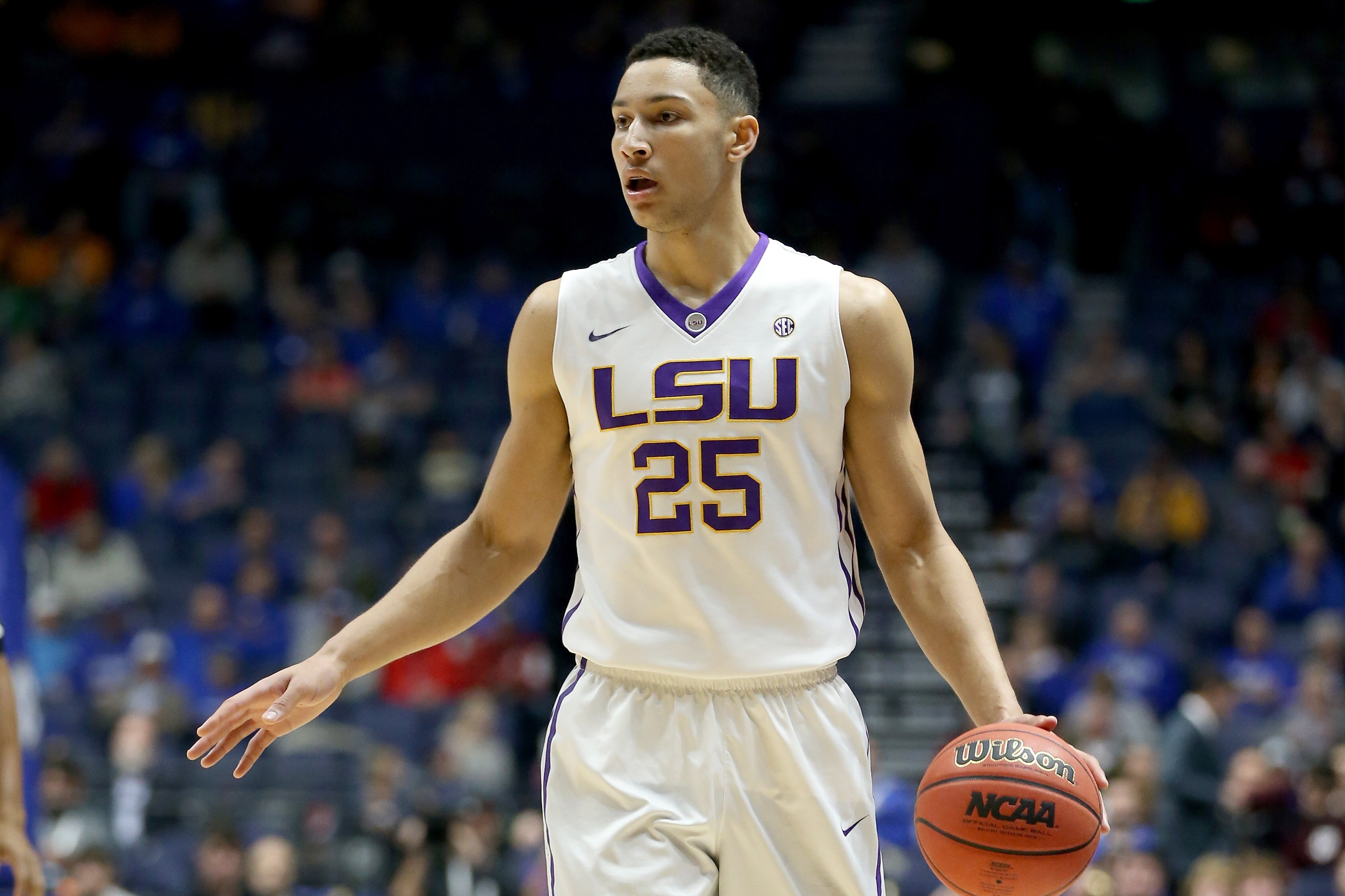 NASHVILLE, TN - MARCH 11: Ben Simmons #25 of the LSU Tigers dribbles the ball during the game against the Tennessee Volunteers during the quarterfinals of the SEC Basketball Tournament at Bridgestone Arena on March 11, 2016 in Nashville, Tennessee. (Photo by Andy Lyons/Getty Images)