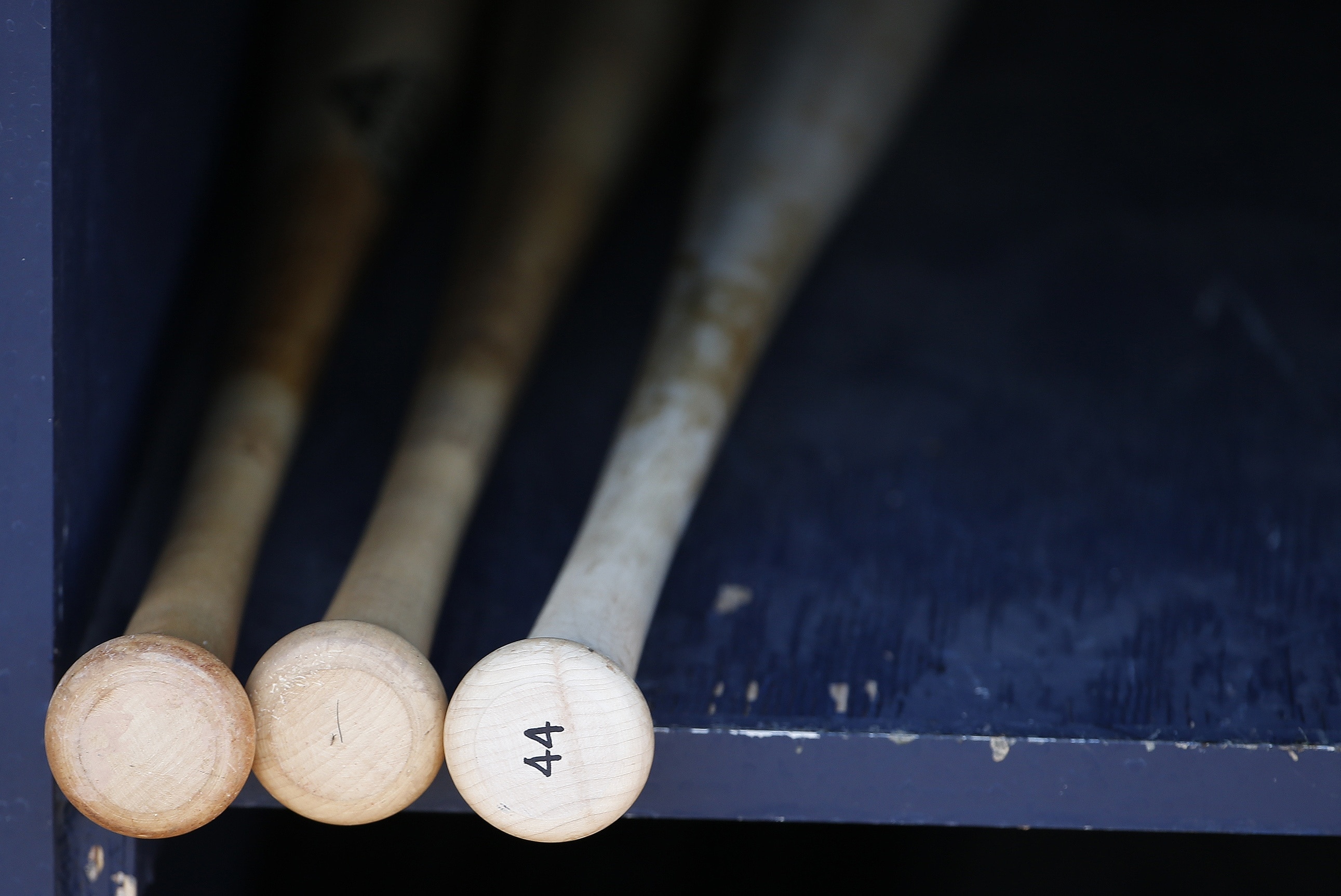A selection of bats for Arizona Diamondbacks' Paul Goldschmidt are ready in the visiting dugout prior to a spring training baseball game against the San Diego Padres Tuesday, March 8, 2016, in Peoria, Ariz. (AP Photo/Ross D. Franklin)