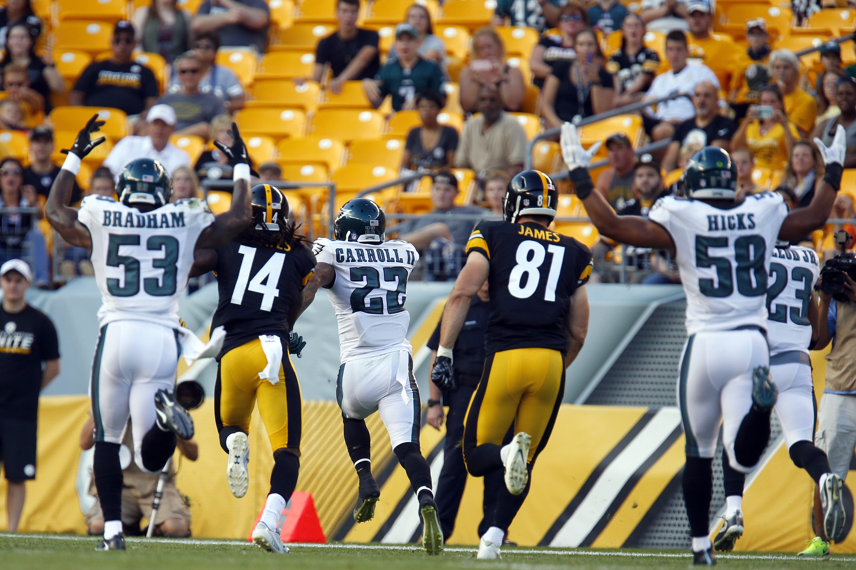 PITTSBURGH, PA - AUGUST 18: Nolan Carroll #22 of the Philadelphia Eagles runs back an interception for a touchdown in the first half during a preseason game against the Pittsburgh Steelers on August 18, 2016 at Heinz Field in Pittsburgh, Pennsylvania. (Photo by Justin K. Aller/Getty Images)