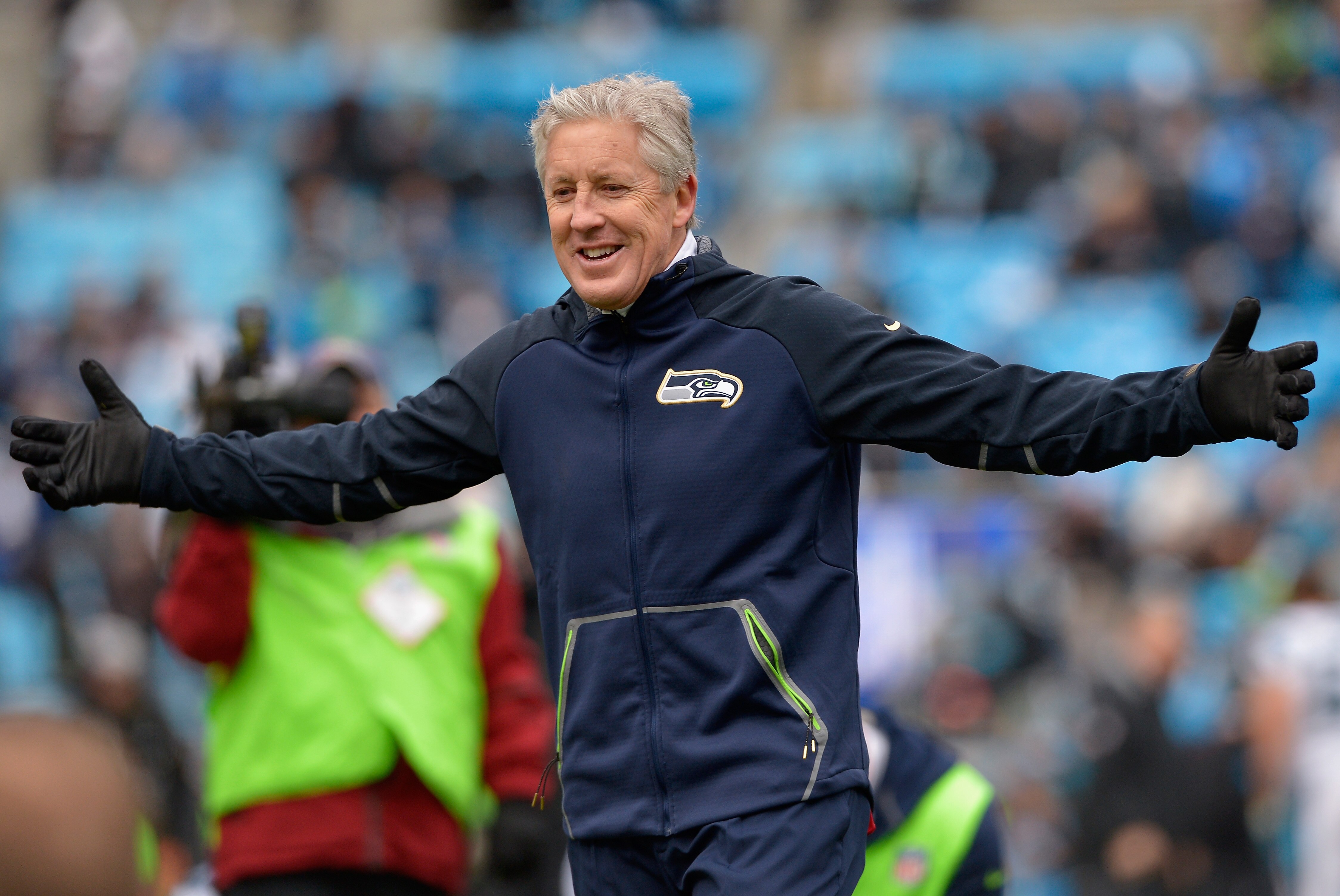 CHARLOTTE, NC - JANUARY 17: Head coach Pete Carroll of the Seattle Seahawks looks on prior to the NFC Divisional Playoff Game against the Carolina Panthers at Bank of America Stadium on January 17, 2016 in Charlotte, North Carolina. (Photo by Grant Halverson/Getty Images)