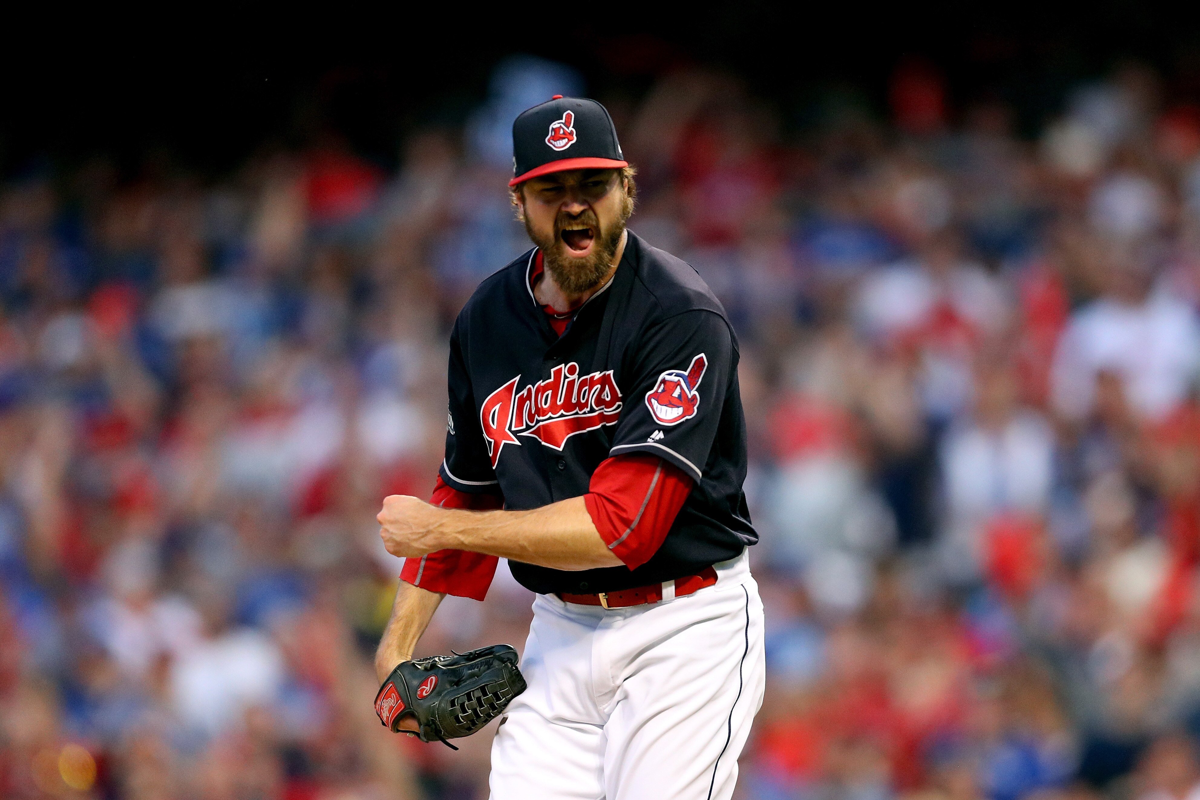 CLEVELAND, OH - OCTOBER 15: Andrew Miller #24 of the Cleveland Indians celebrates after striking out Josh Donaldson #20 of the Toronto Blue Jays in the top of the eighth inning during game two of the American League Championship Series at Progressive Field on October 15, 2016 in Cleveland, Ohio. (Photo by Maddie Meyer/Getty Images)