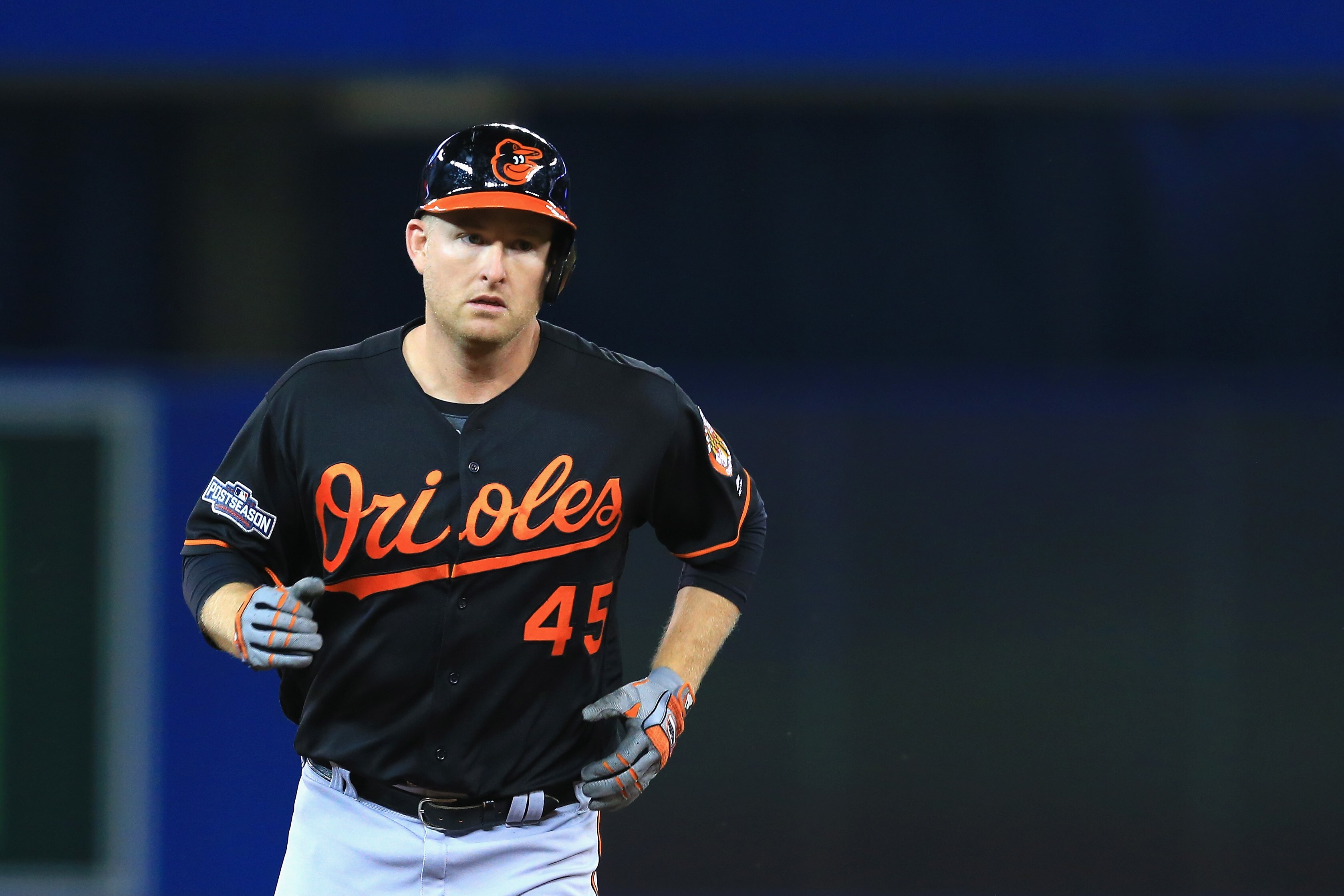 TORONTO, ON - OCTOBER 04: Mark Trumbo #45 of the Baltimore Orioles runs the bases after hitting a two-run home run in the fourth inning against the Toronto Blue Jays during the American League Wild Card game at Rogers Centre on October 4, 2016 in Toronto, Canada. (Photo by Vaughn Ridley/Getty Images)