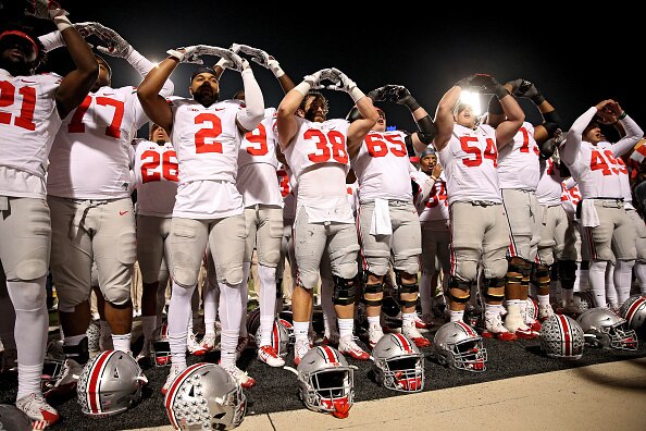 COLLEGE PARK, MD - NOVEMBER 12: The Ohio State Buckeyes celebrate after defeating the Maryland Terrapins, 62-3, at Capital One Field at Maryland Stadium on November 12, 2016 in College Park, Maryland. (Photo by Patrick Smith/Getty Images)
