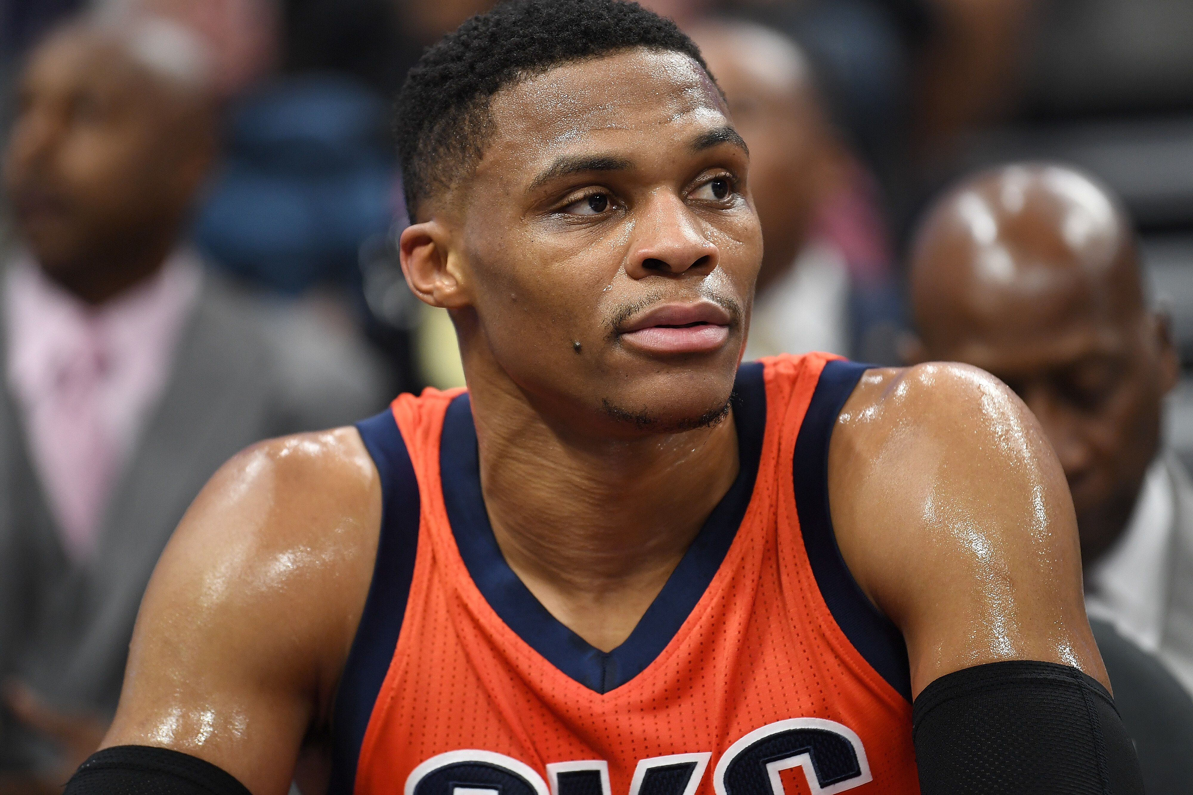 SACRAMENTO, CA - JANUARY 15: Russell Westbrook #0 of the Oklahoma City Thunder looks on from the bench during against the Sacramento Kings during an NBA basketball game at Golden 1 Center on January 15, 2017 in Sacramento, California. NOTE TO USER: User expressly acknowledges and agrees that, by downloading and or using this photograph, User is consenting to the terms and conditions of the Getty Images License Agreement. (Photo by Thearon W. Henderson/Getty Images)