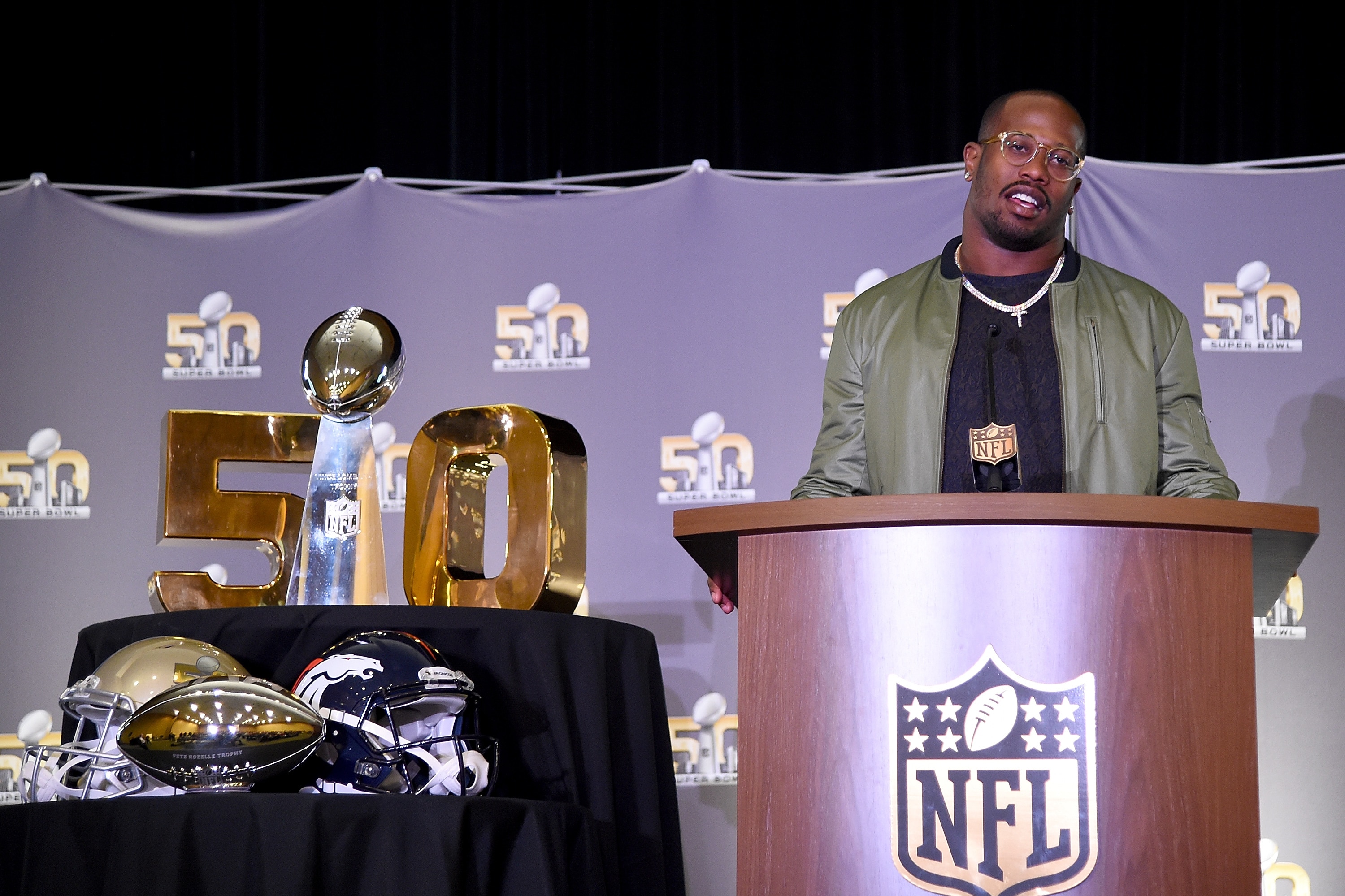SAN FRANCISCO, CA - FEBRUARY 08: Super Bowl 50 MVP Von Miller #58 of the Denver Broncos addresses the media during the trophy presentation at the Moscone Center West on February 8, 2016 in San Francisco, California. (Photo by Thearon W. Henderson/Getty Images)