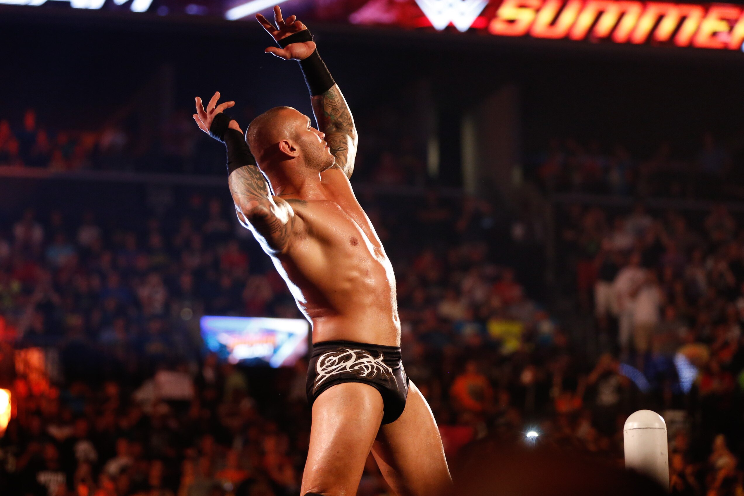 NEW YORK, NY - AUGUST 23: Randy Orton enters the ring at the WWE SummerSlam 2015 at Barclays Center of Brooklyn on August 23, 2015 in New York City. (Photo by JP Yim/Getty Images)