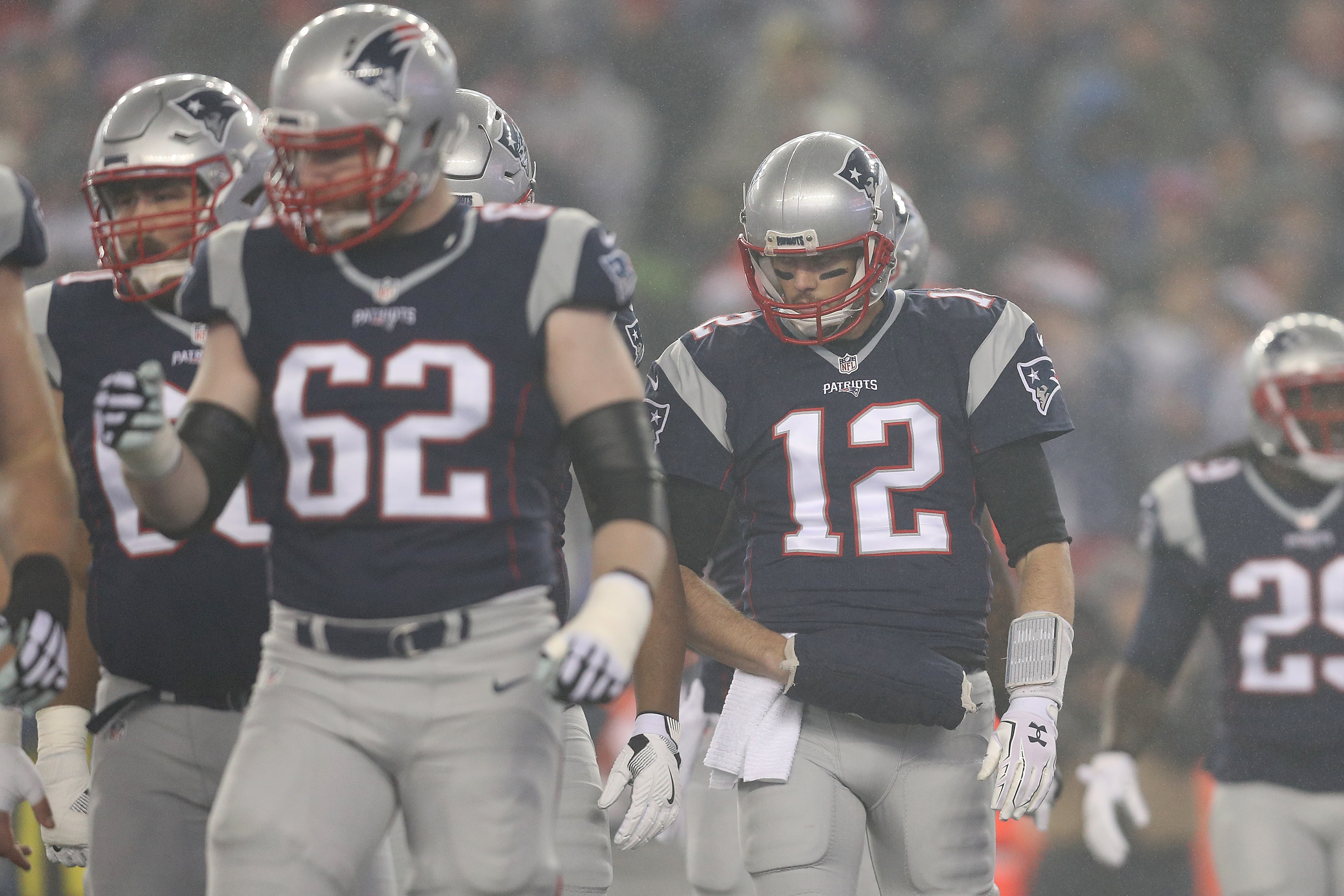 FOXBORO, MA - JANUARY 22: Tom Brady #12 of the New England Patriots looks on against the Pittsburgh Steelers during the first quarter in the AFC Championship Game at Gillette Stadium on January 22, 2017 in Foxboro, Massachusetts. (Photo by Patrick Smith/Getty Images)