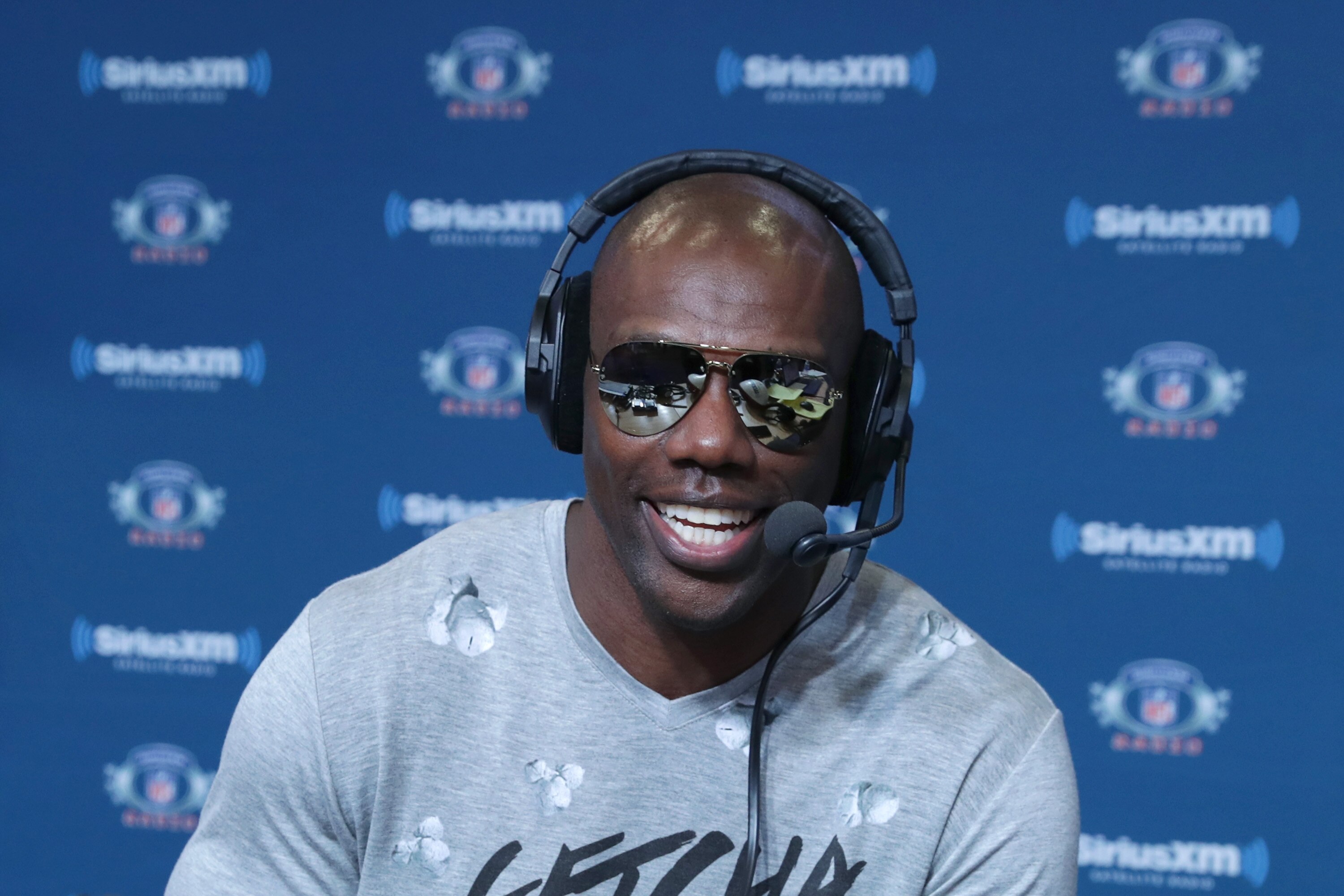 HOUSTON, TX - FEBRUARY 03: Former NFL player Terrell Owens visits the SiriusXM set at Super Bowl LI Radio Row at the George R. Brown Convention Center on February 3, 2017 in Houston, Texas. (Photo by Cindy Ord/Getty Images for SiriusXM )