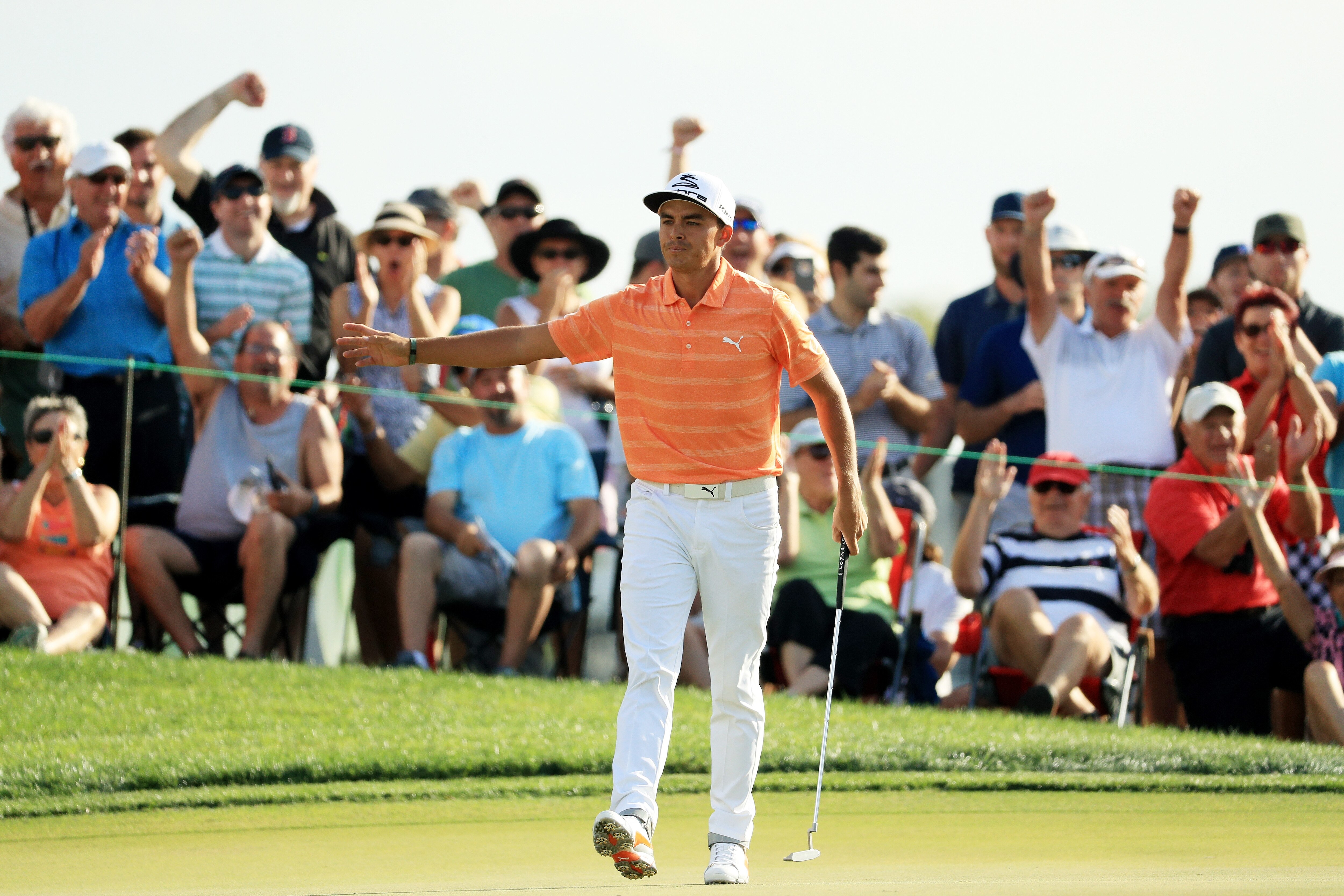 PALM BEACH GARDENS, FL - FEBRUARY 26:  Rickie Fowler of the United States reacts to his birdie on the 12th green during the final round of The Honda Classic at PGA National Resort and Spa on February 26, 2017 in Palm Beach Gardens, Florida.  (Photo by Mike Ehrmann/Getty Images)