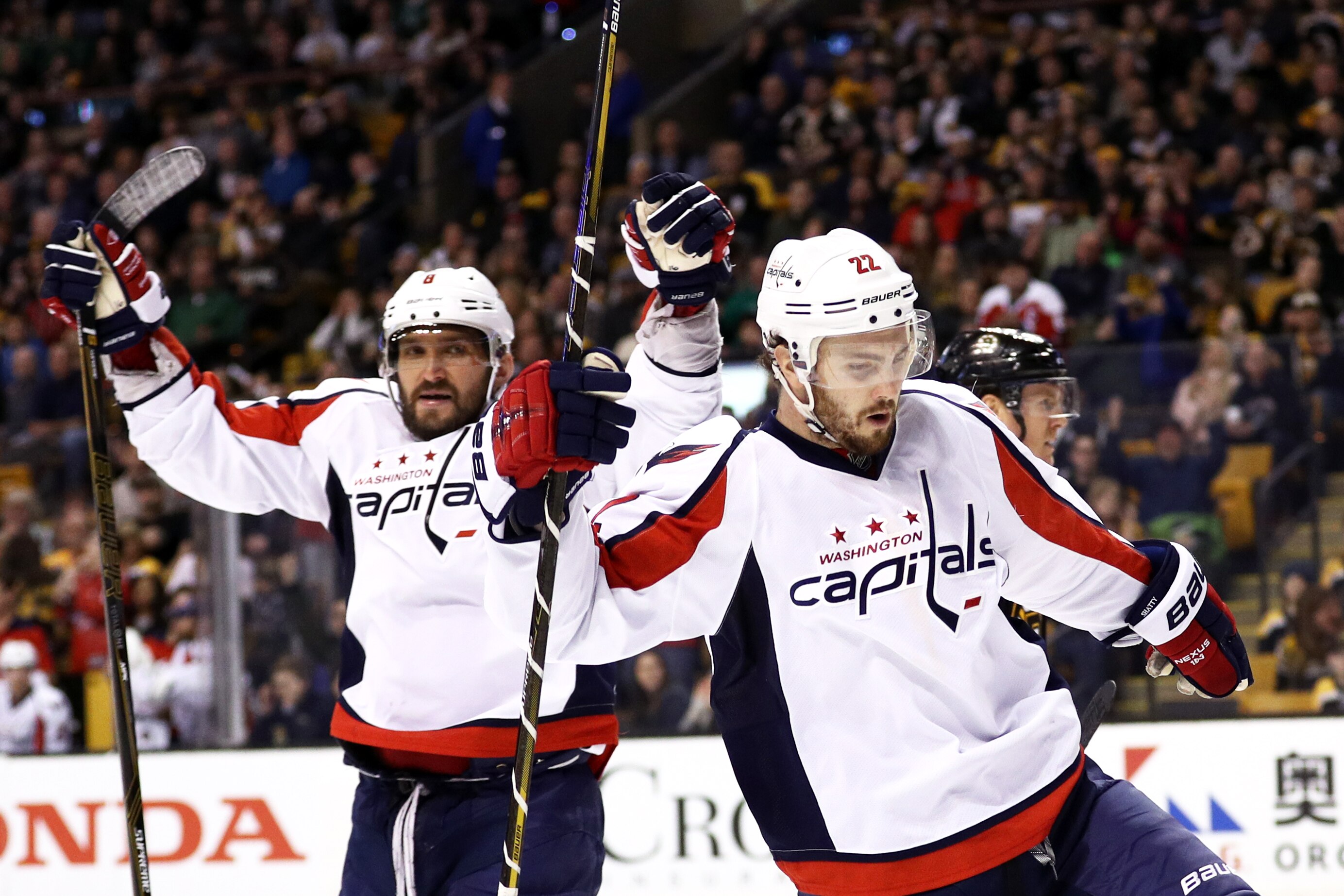 BOSTON, MA - APRIL 8: Kevin Shattenkirk #22 of the Washington Capitals celebrates with Alex Ovechkin #8 after scoring against the Boston Bruins during the second period at TD Garden on April 8, 2017 in Boston, Massachusetts. (Photo by Maddie Meyer/Getty Images)